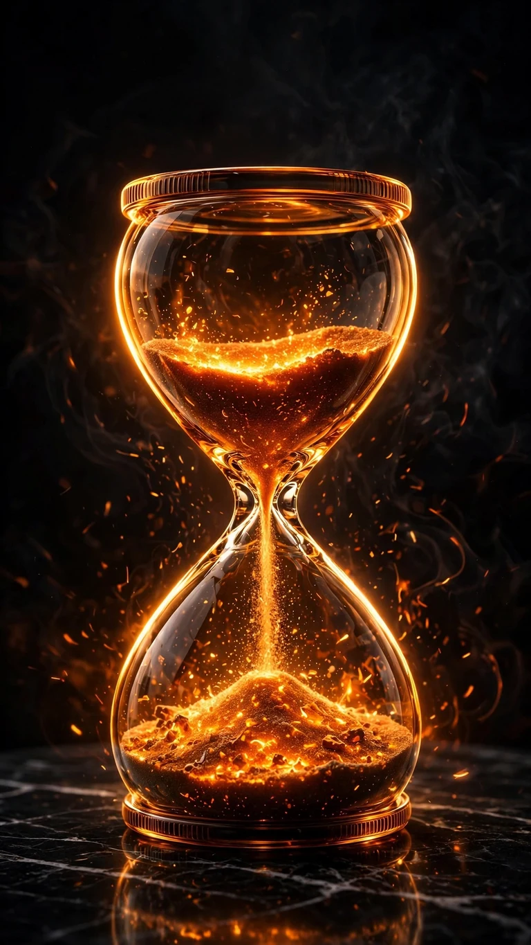 Amber hourglass with glowing ember sand on black marble, minimal dark wallpaper