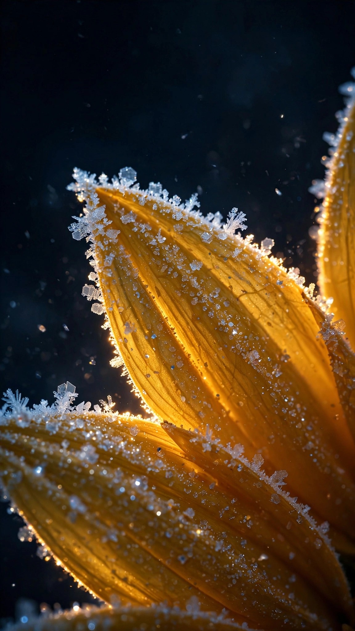 Frosted sunflower petal glowing with ice crystals on dark background, minimal wallpaper