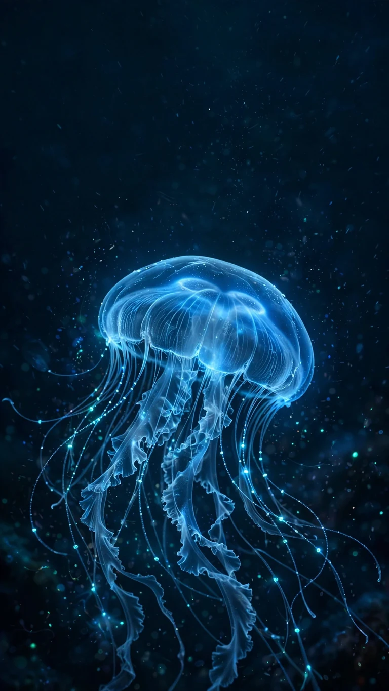 Glowing blue jellyfish drifting in dark deep ocean, minimal wallpaper