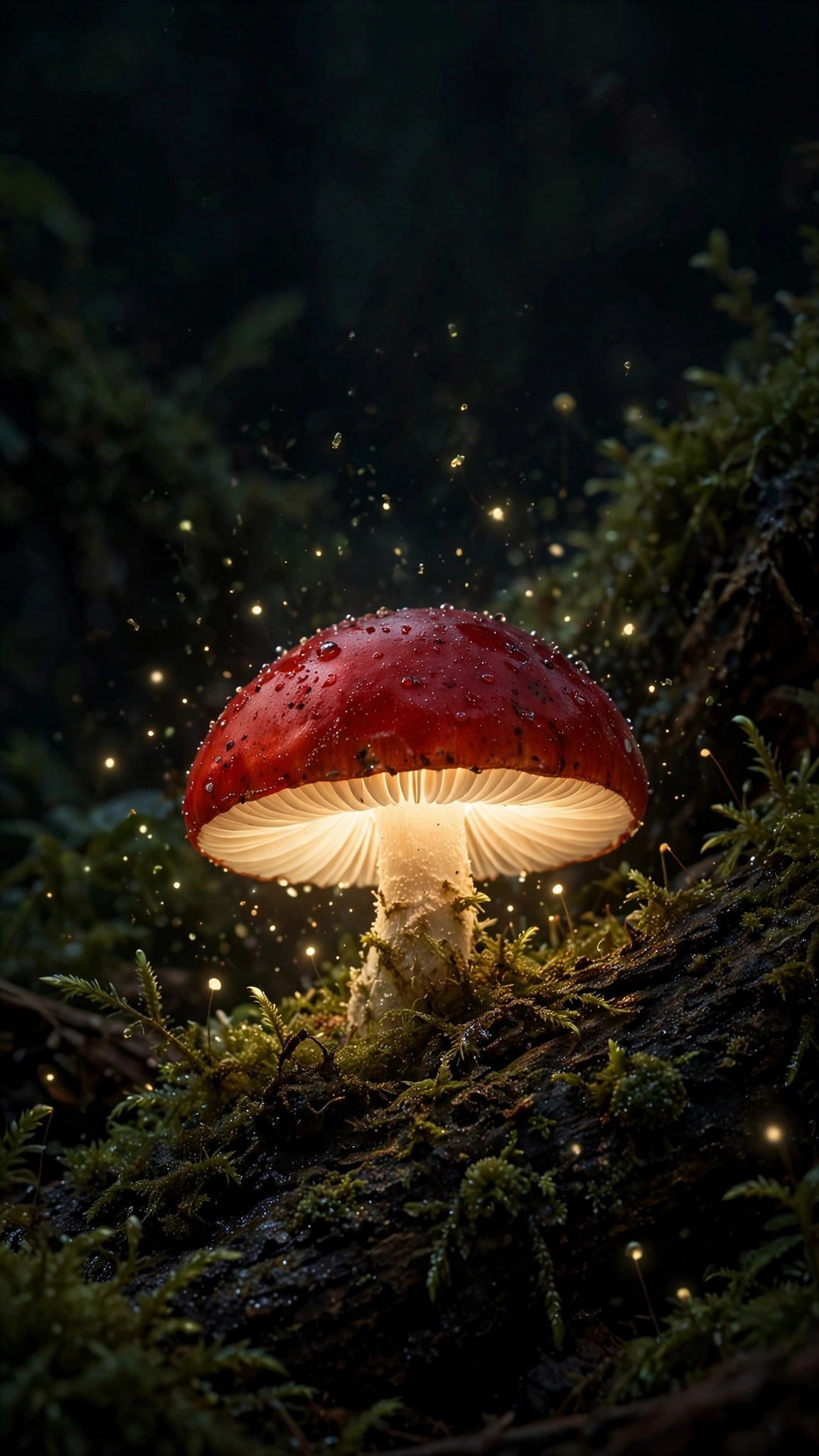 Glowing red mushroom on dark mossy bark in night forest, minimal wallpaper