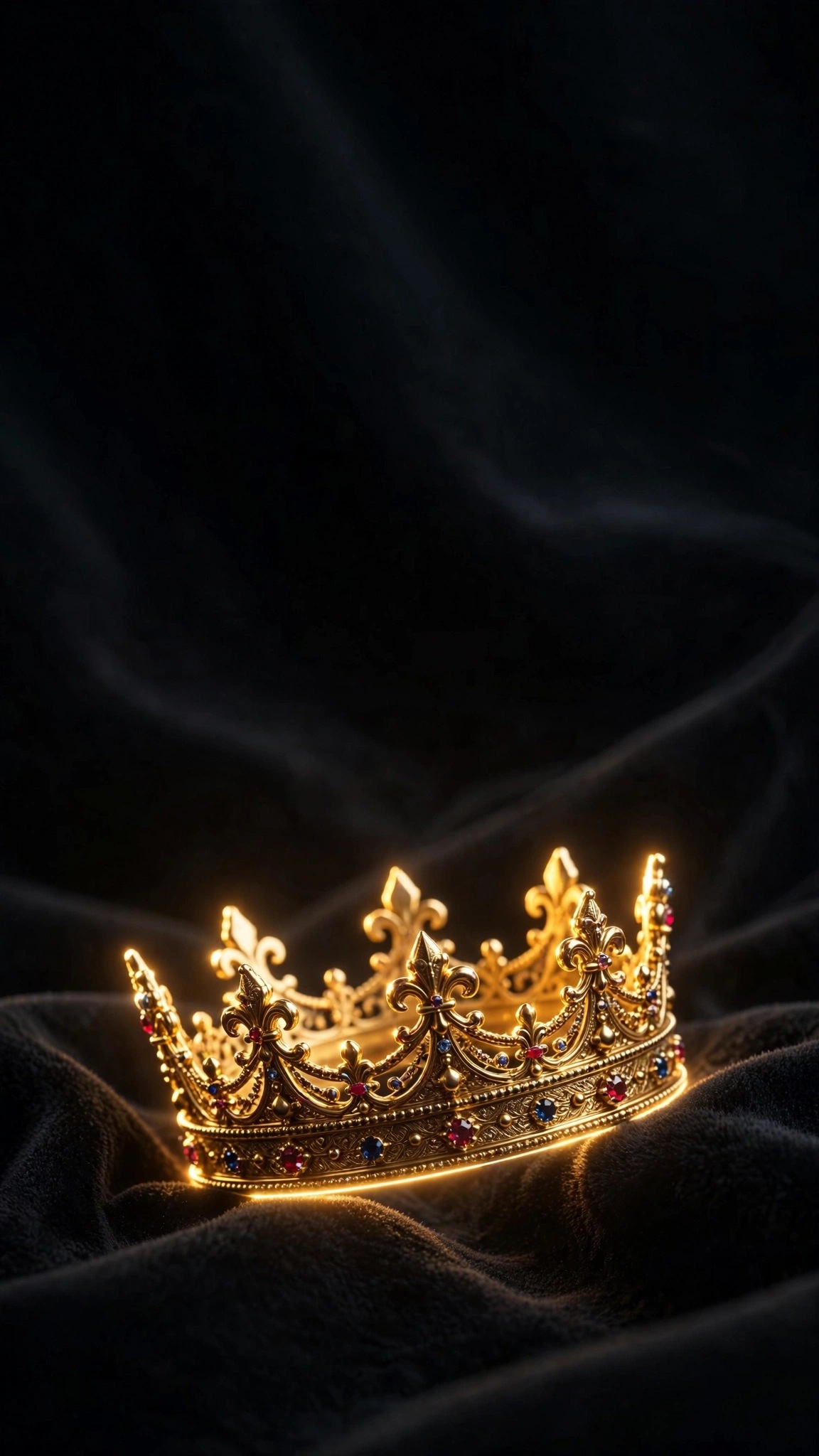 Golden jeweled crown glowing on dark black velvet, minimal royal wallpaper