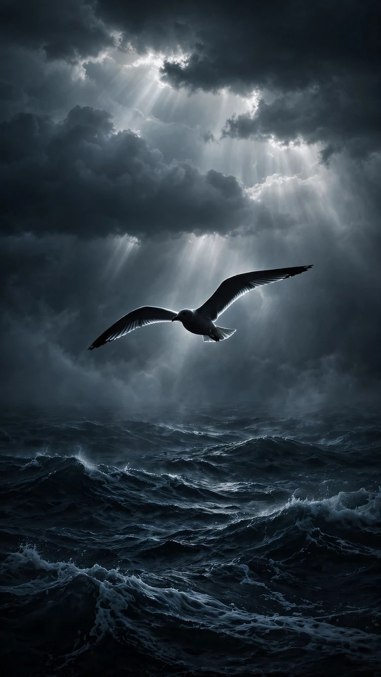 Lone seagull flying over stormy dark sea with silver light, minimal wallpaper