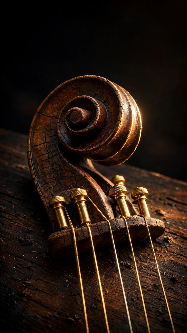 Violin scroll macro with golden strings on dark aged wood, minimal wallpaper