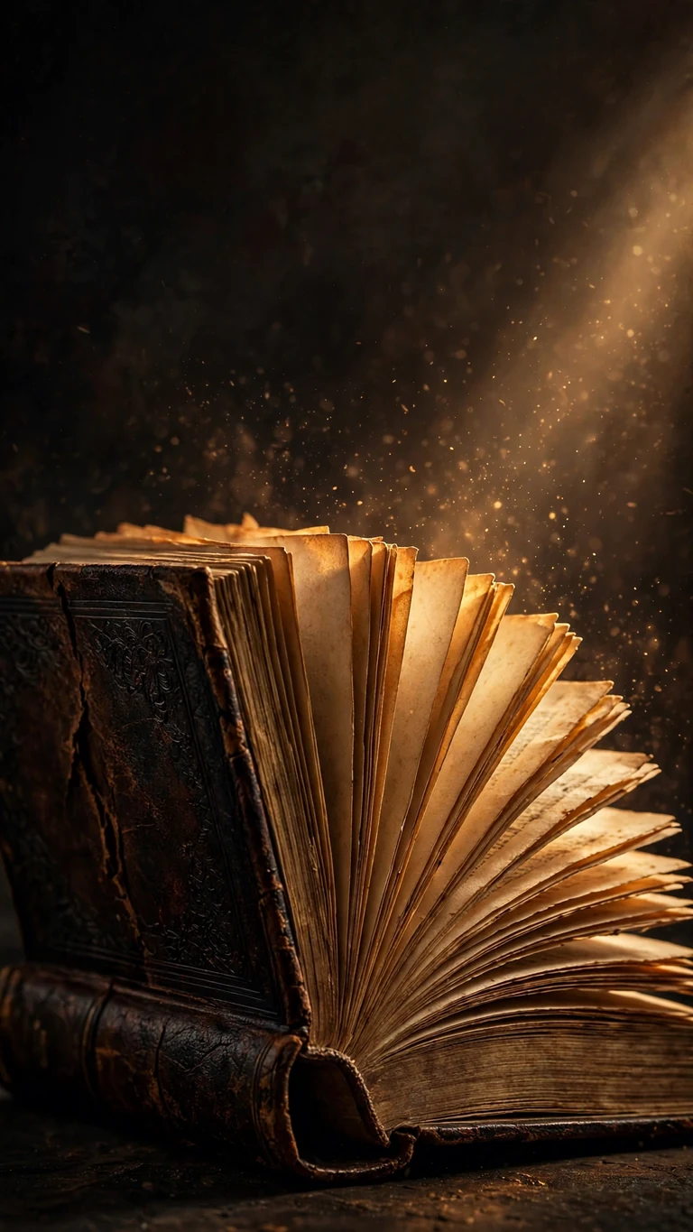 Antique book with fanned pages and glowing dust in warm light, vertical minimal wallpaper