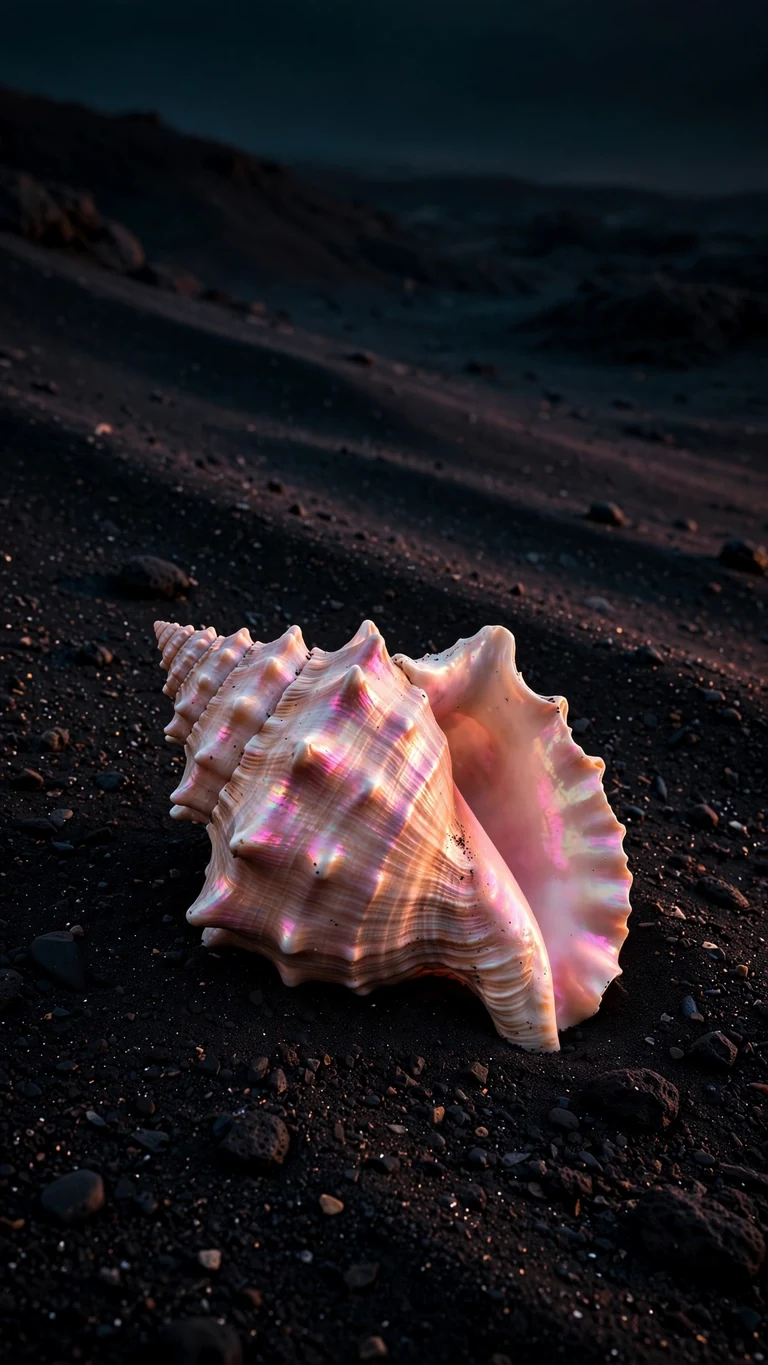 Conch shell with pearlescent ridges on black volcanic sand at dusk, vertical minimal wallpaper