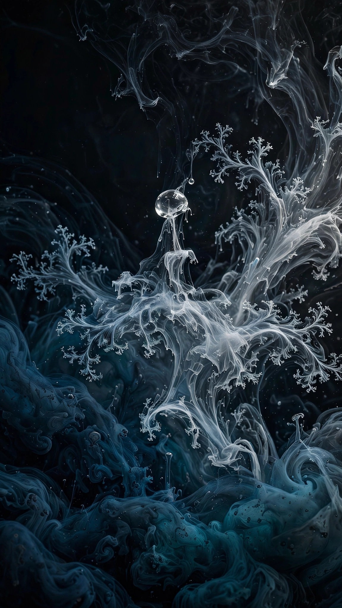 Silver ink drop swirling into dark water with fractal tendrils, vertical minimal wallpaper