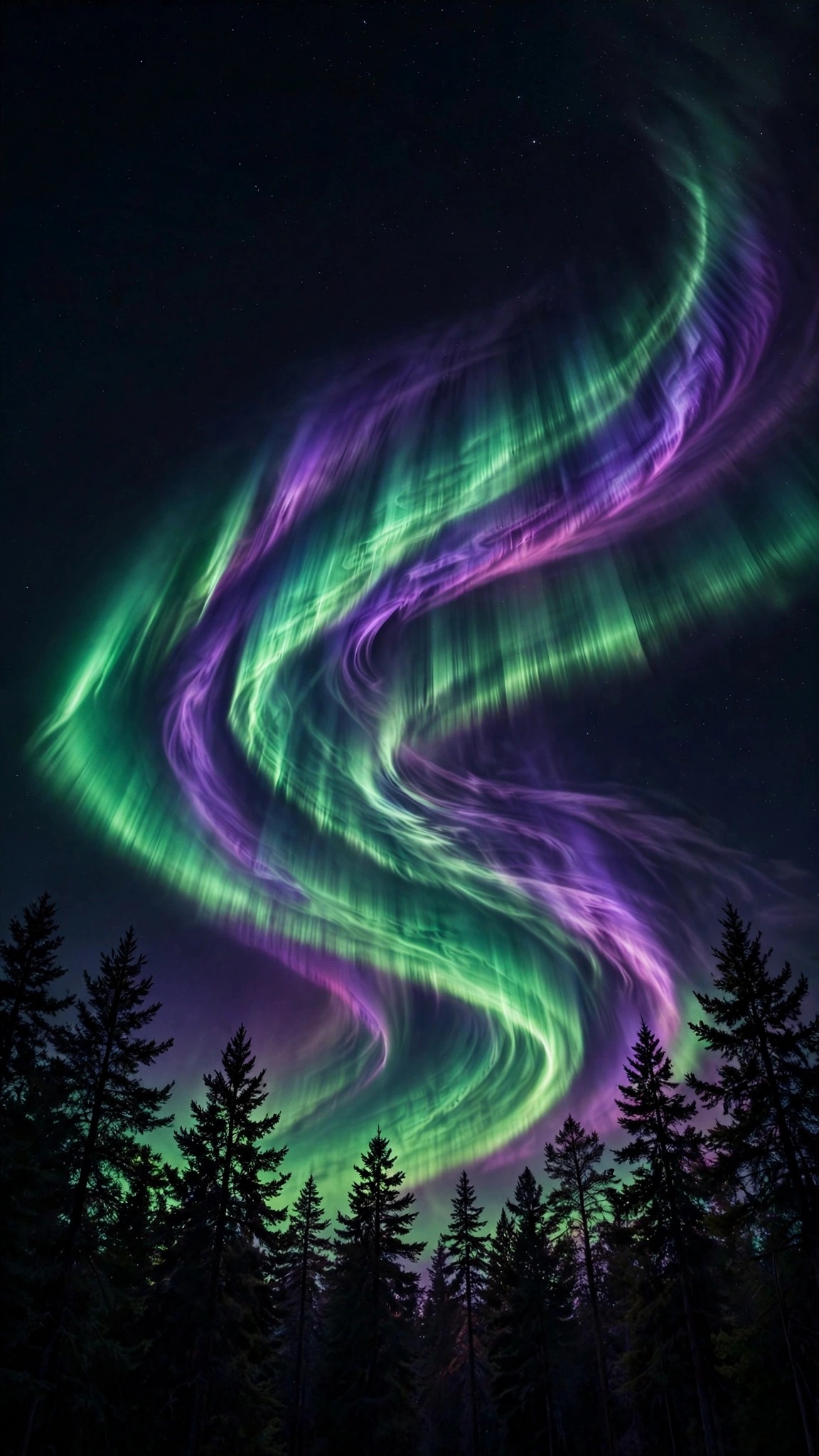 Lone aurora ribbon swirling across black night sky over pine silhouettes, vertical minimal wallpaper