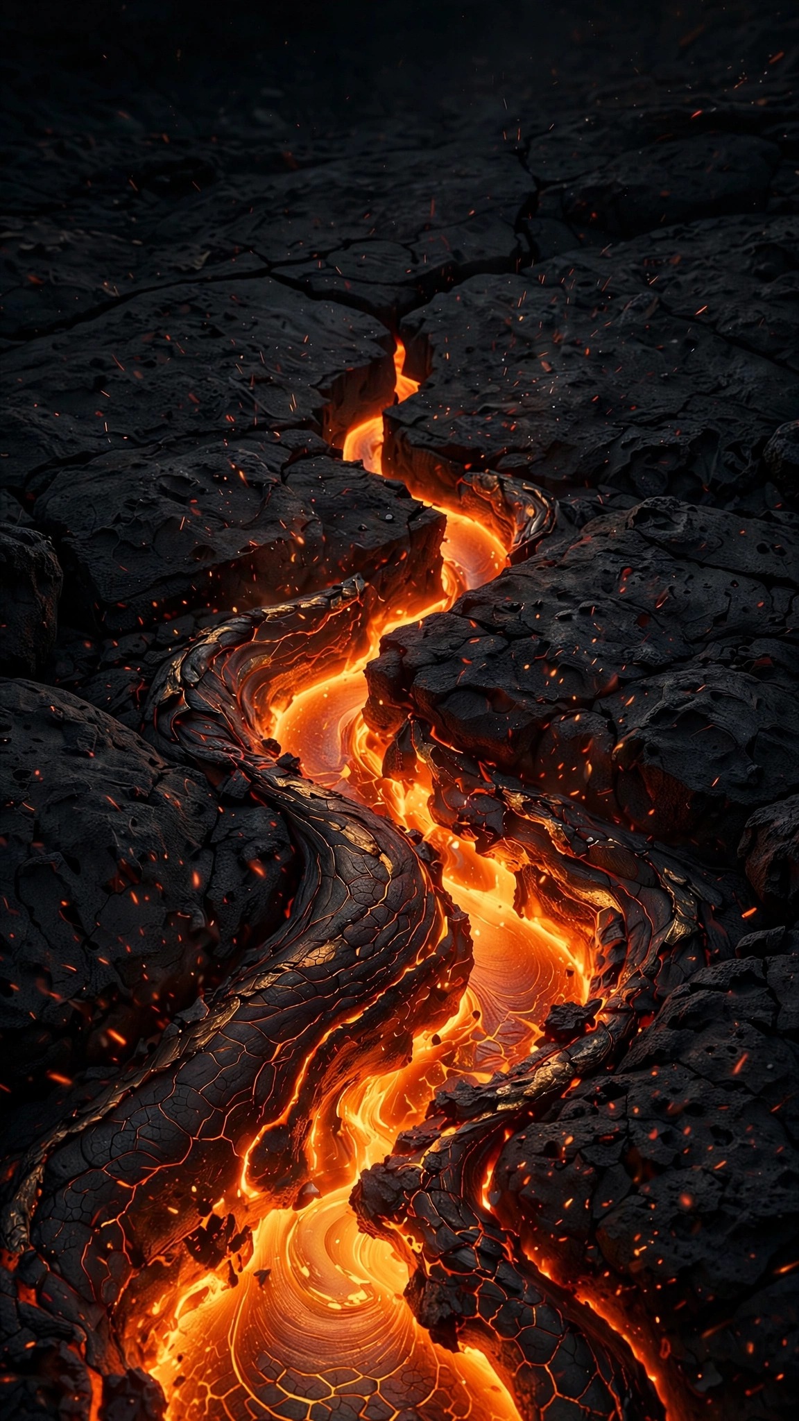 Molten lava crack glowing on black volcanic basalt rock, vertical minimal wallpaper