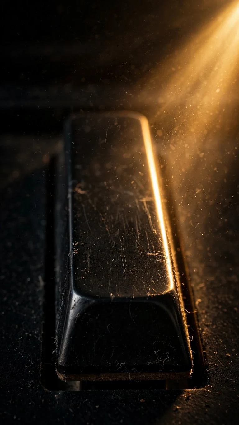 Black piano key in macro with golden rim light and dust motes, vertical minimal wallpaper