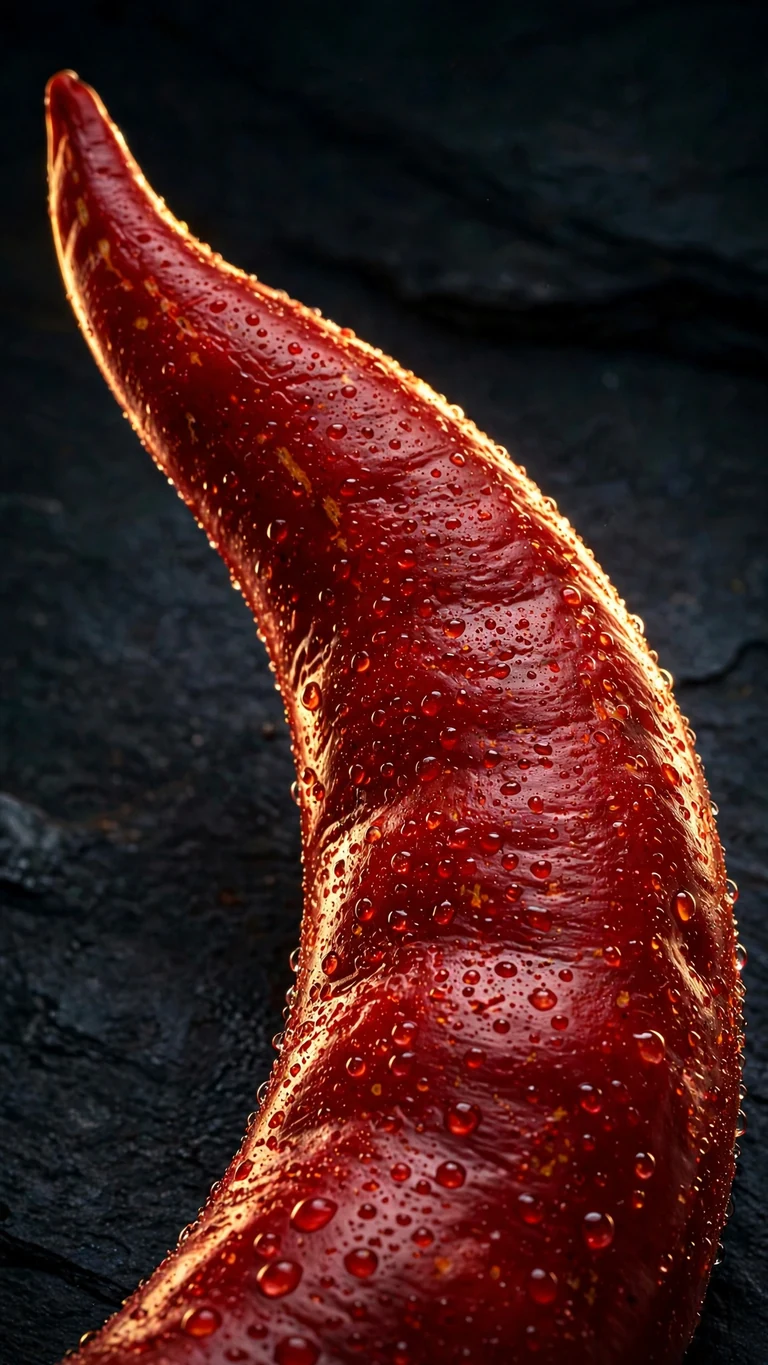 Glossy red chili pepper macro with water droplets on dark slate, vertical minimal wallpaper