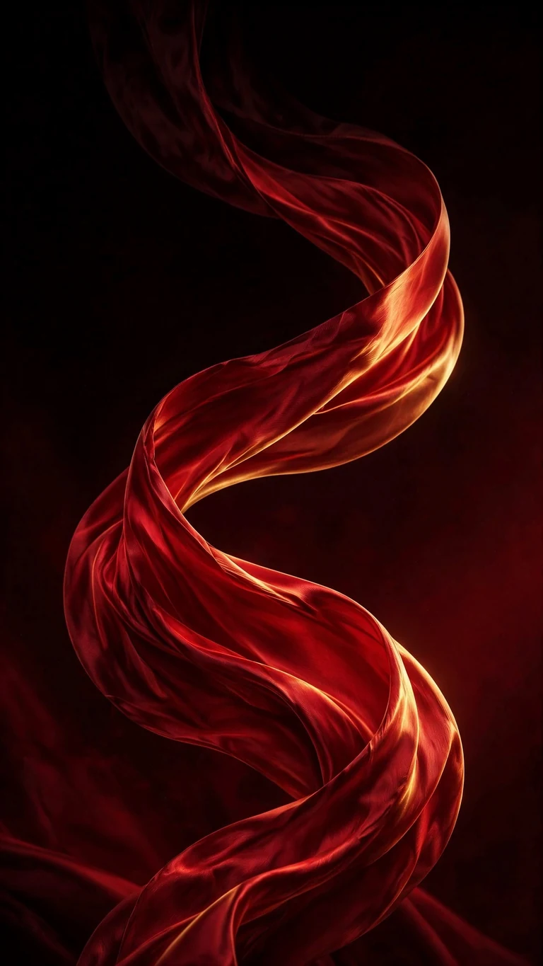 Flowing red silk ribbon twisting through black darkness, vertical minimal wallpaper