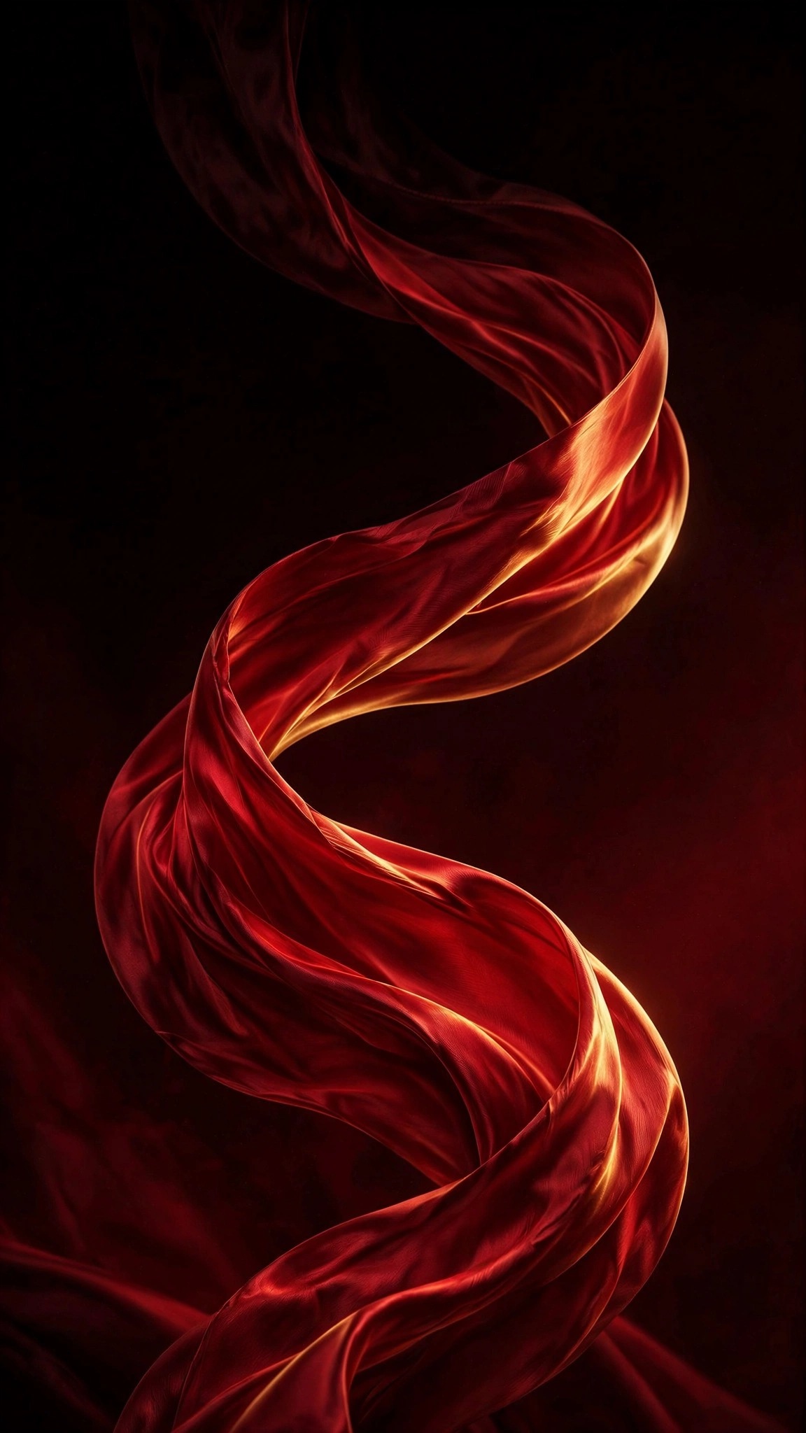 Flowing red silk ribbon twisting through black darkness, vertical minimal wallpaper