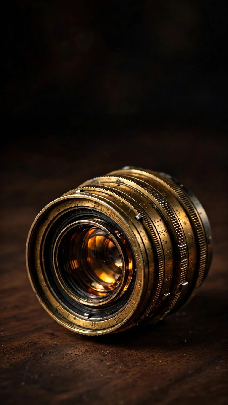 Vintage brass camera lens on dark walnut wood in low light, vertical minimal wallpaper