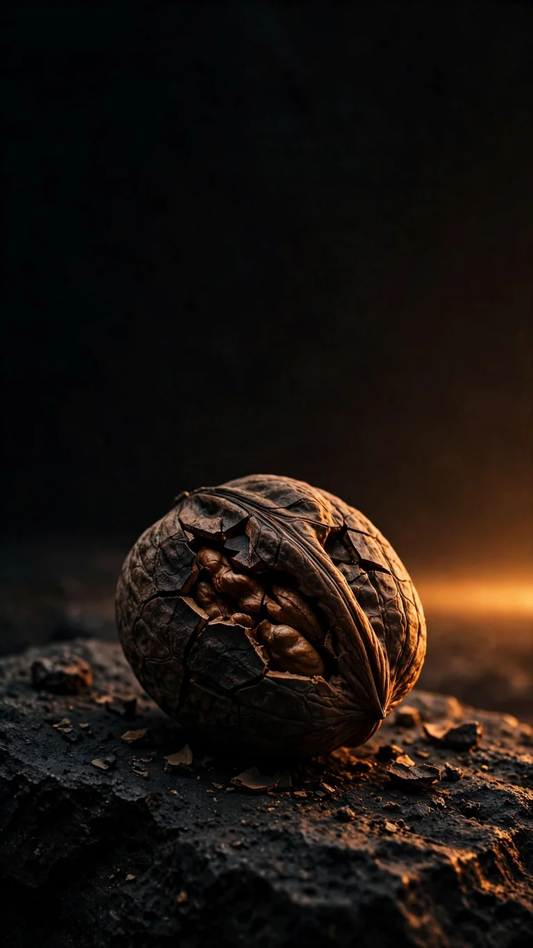 Cracked black walnut macro on dark basalt stone with amber light, minimal wallpaper