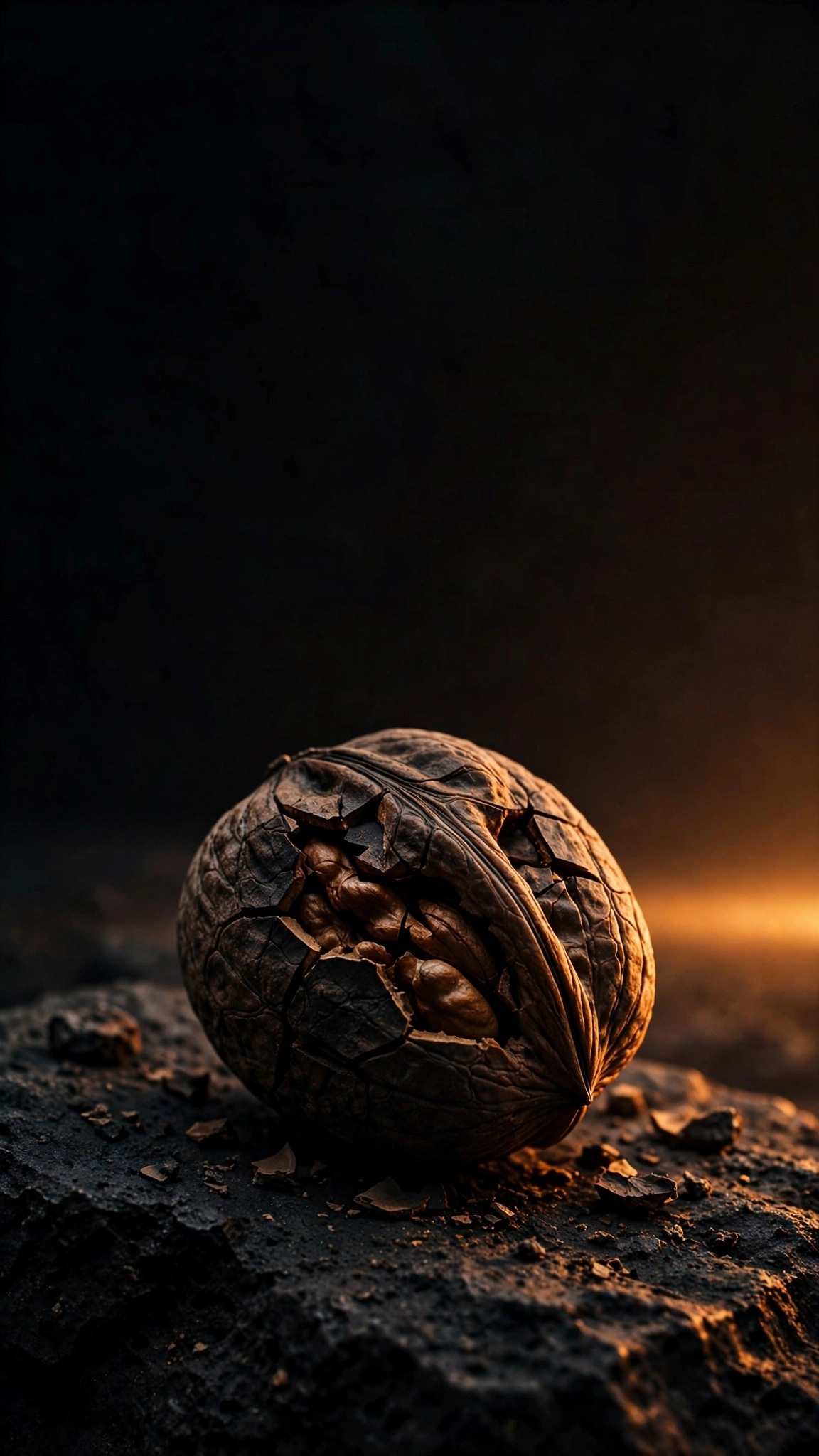 Cracked black walnut macro on dark basalt stone with amber light, minimal wallpaper