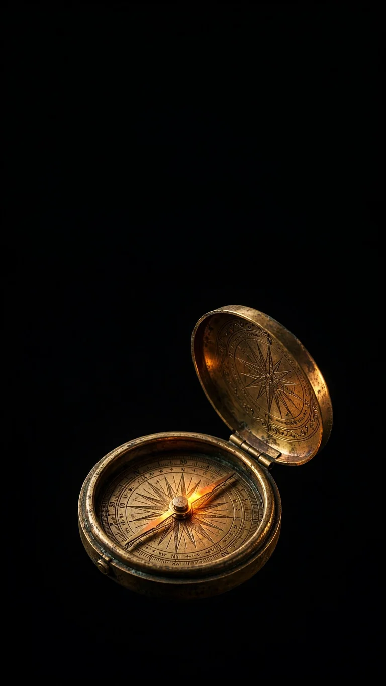 Antique brass pocket compass with glowing amber needle in darkness, minimal wallpaper