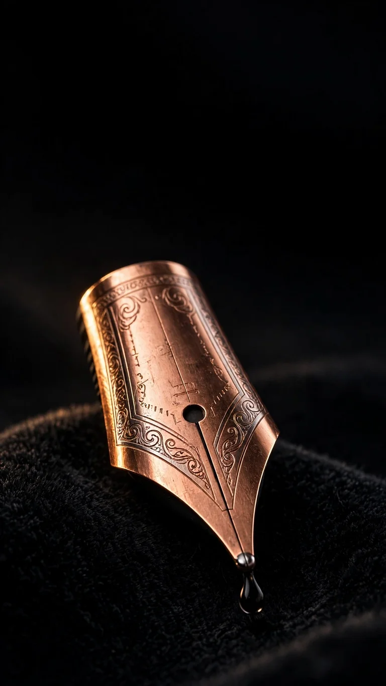 Copper fountain pen nib with ink drop on black velvet, minimal wallpaper
