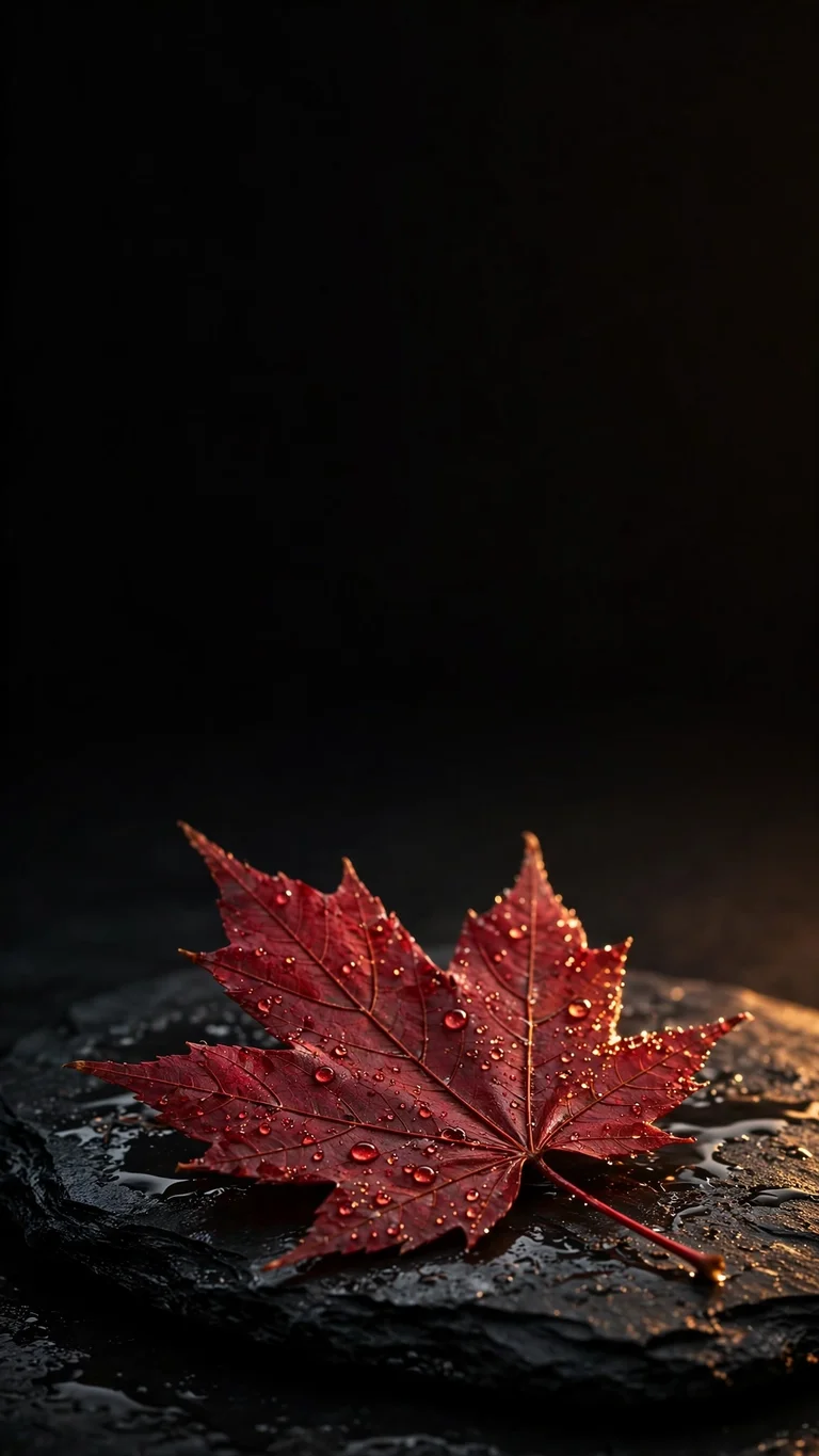 Crimson maple leaf with water droplets on wet black slate, minimal wallpaper