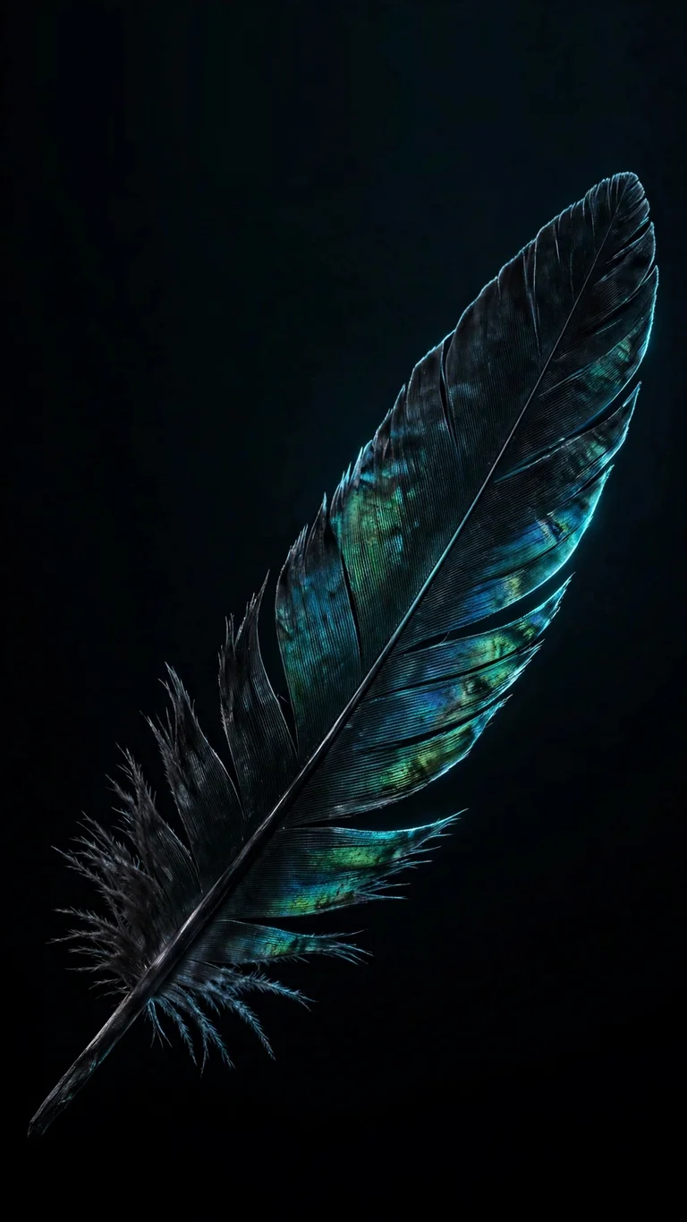 Black raven feather with iridescent sheen floating in darkness, minimal phone wallpaper