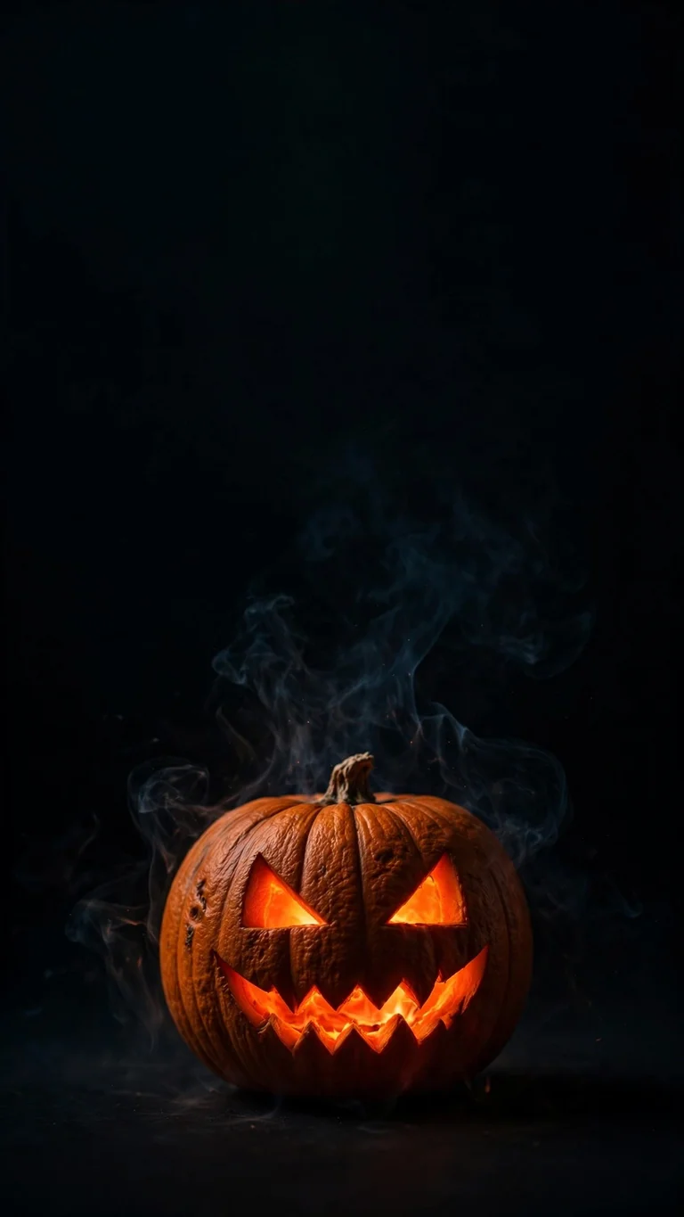 Glowing carved pumpkin lantern with smoke in darkness, Halloween minimal wallpaper