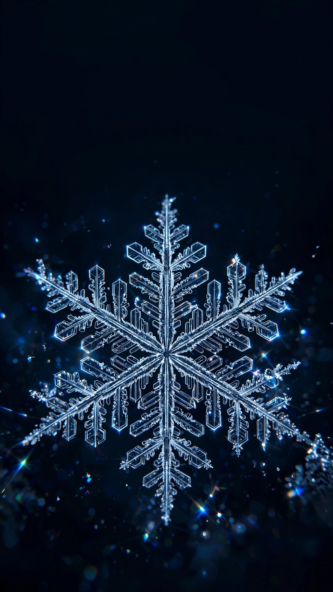 Intricate snowflake crystal macro on deep navy darkness, minimal wallpaper