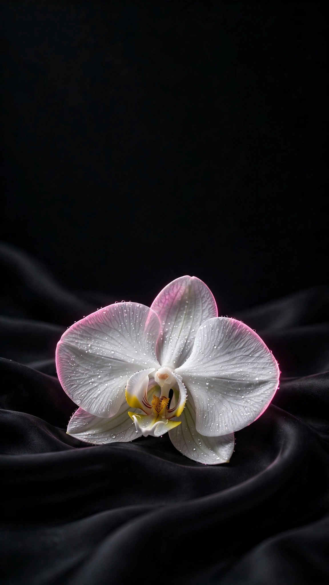 White orchid bloom with dewdrops on black silk, minimal phone wallpaper