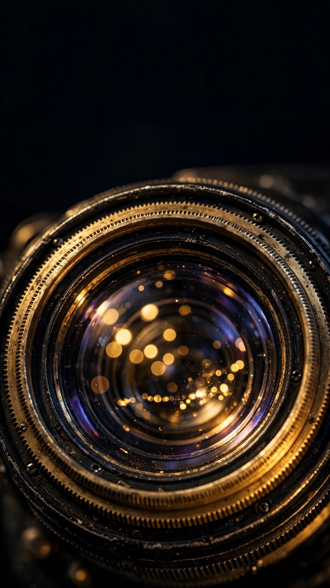 Vintage camera lens with golden bokeh glowing in the glass at night, vertical minimal wallpaper