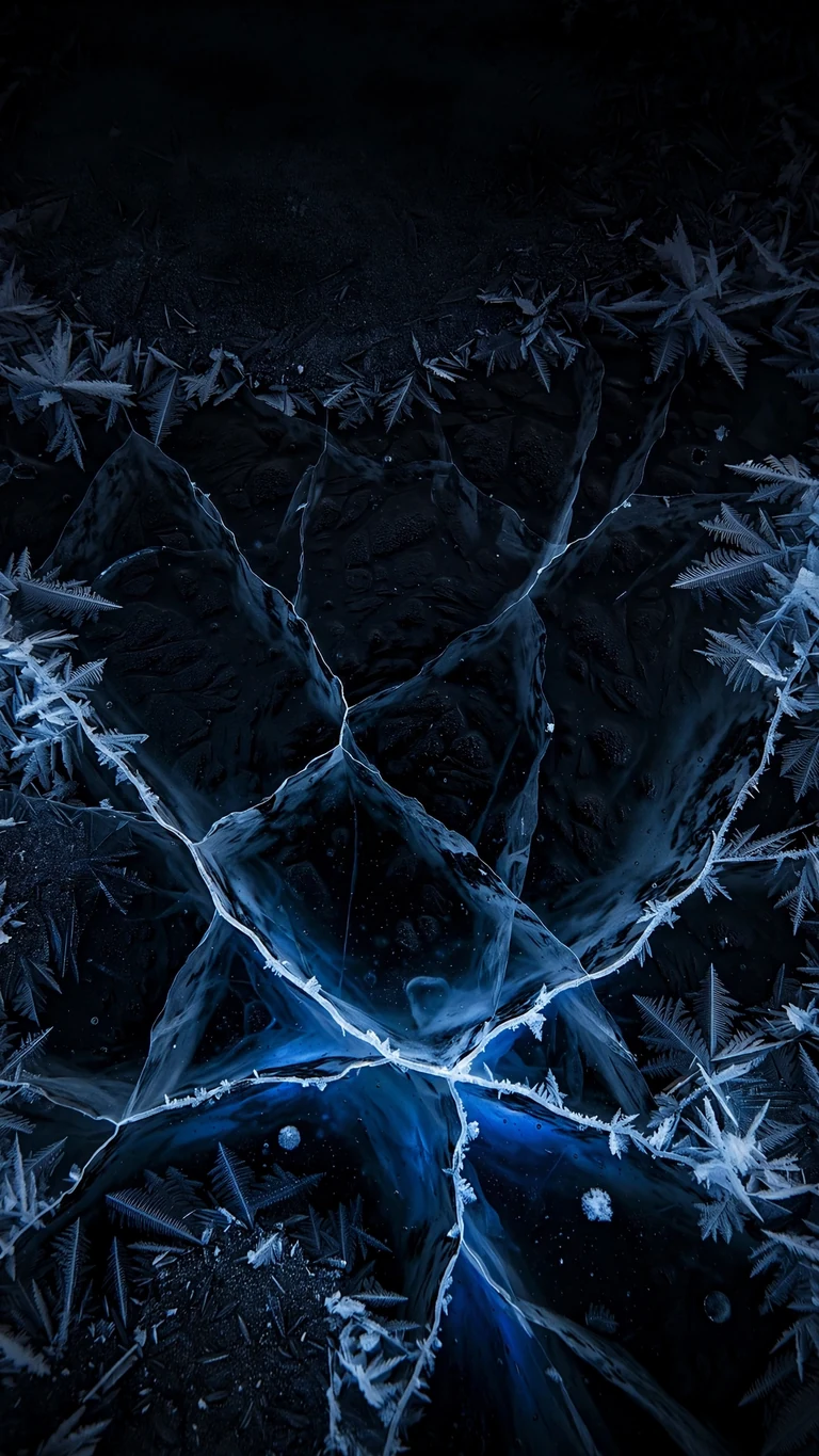 Frozen lake cracks glowing deep blue beneath dark ice, vertical minimal wallpaper