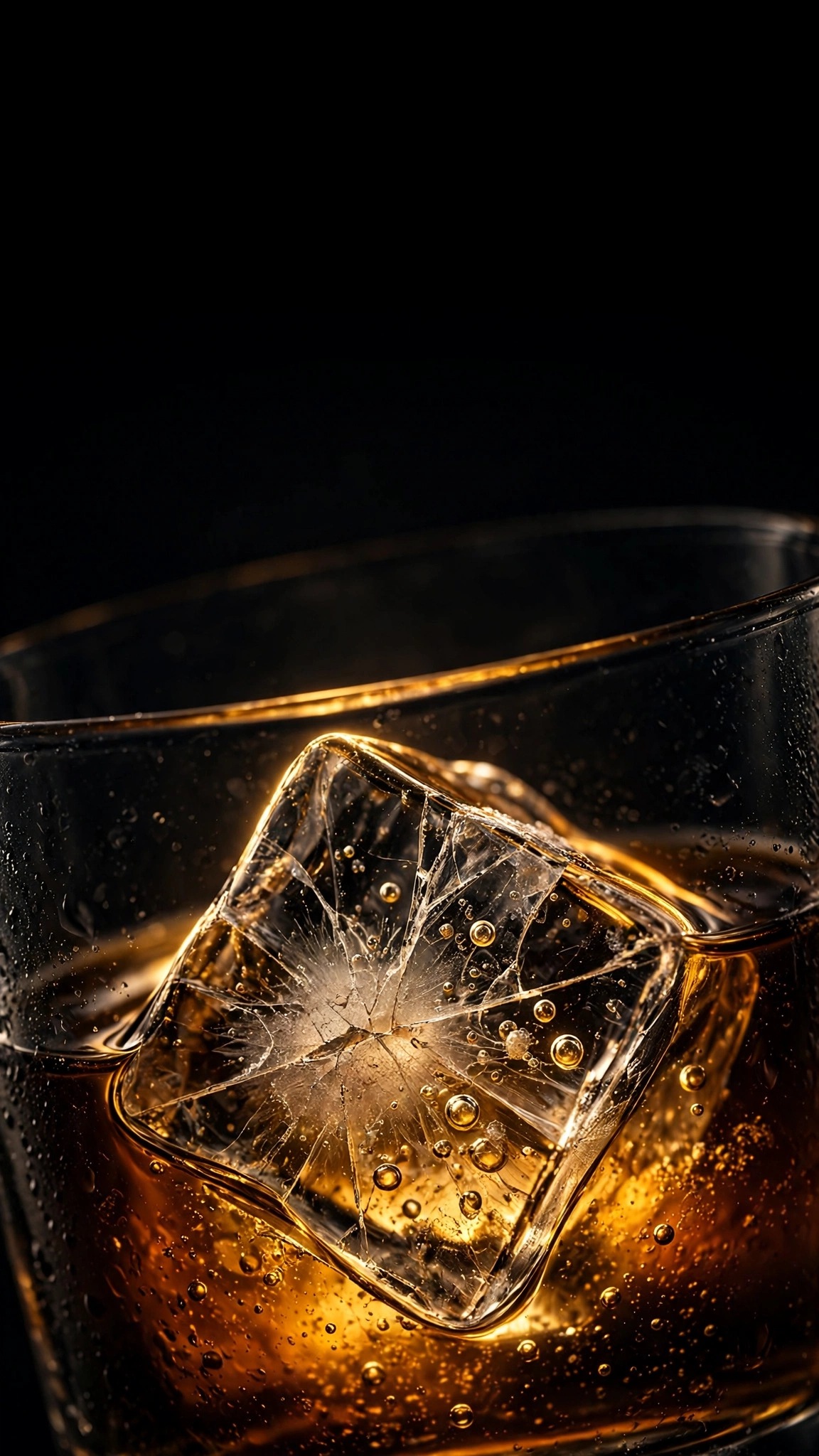 Cracked ice cube glowing in amber whiskey in a dark glass, vertical minimal wallpaper
