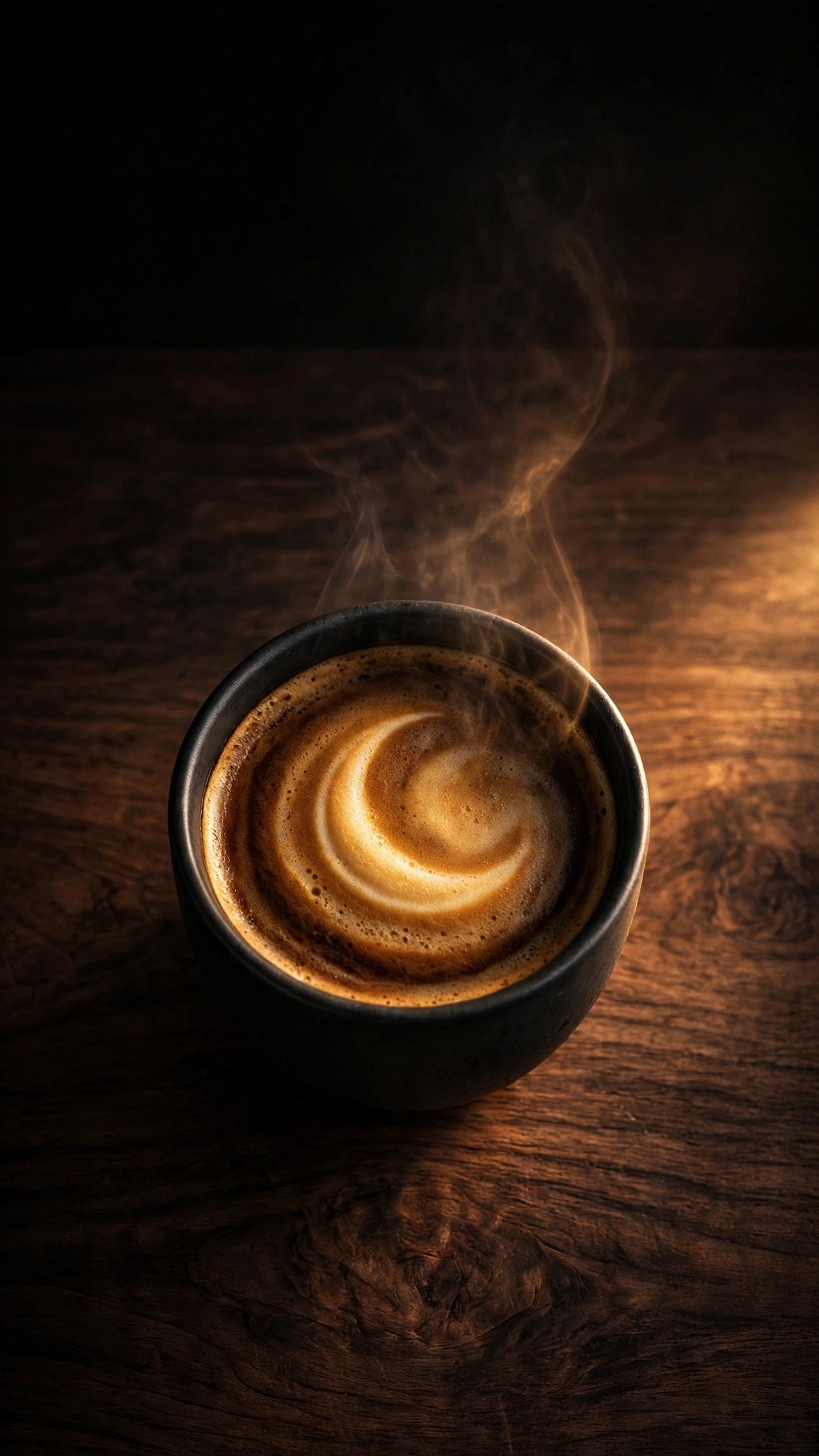 Black cup of coffee with glowing crescent-moon latte art on dark wood, vertical minimal wallpaper