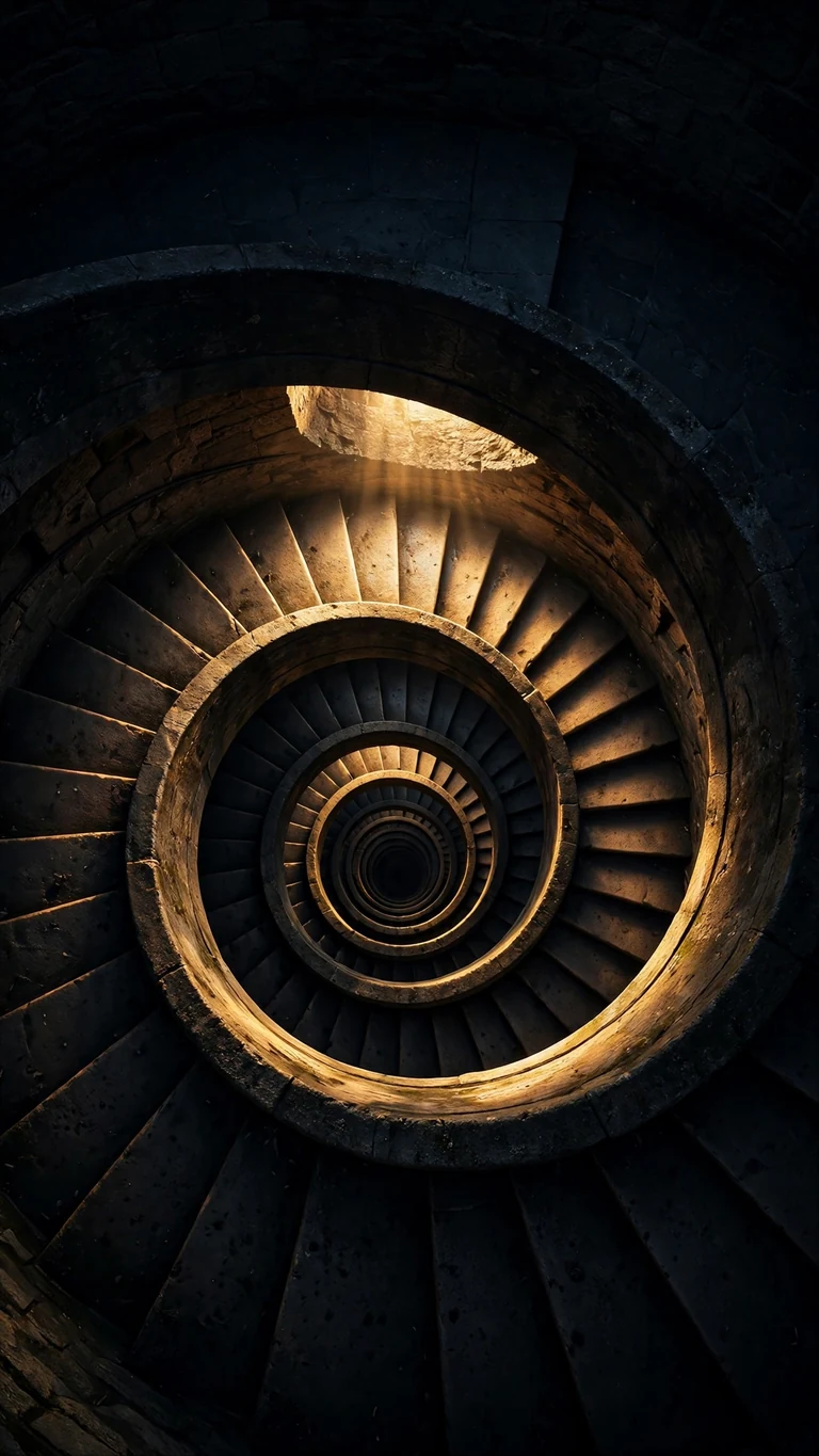 Dark spiral stone staircase lit by golden light from above, vertical minimal wallpaper