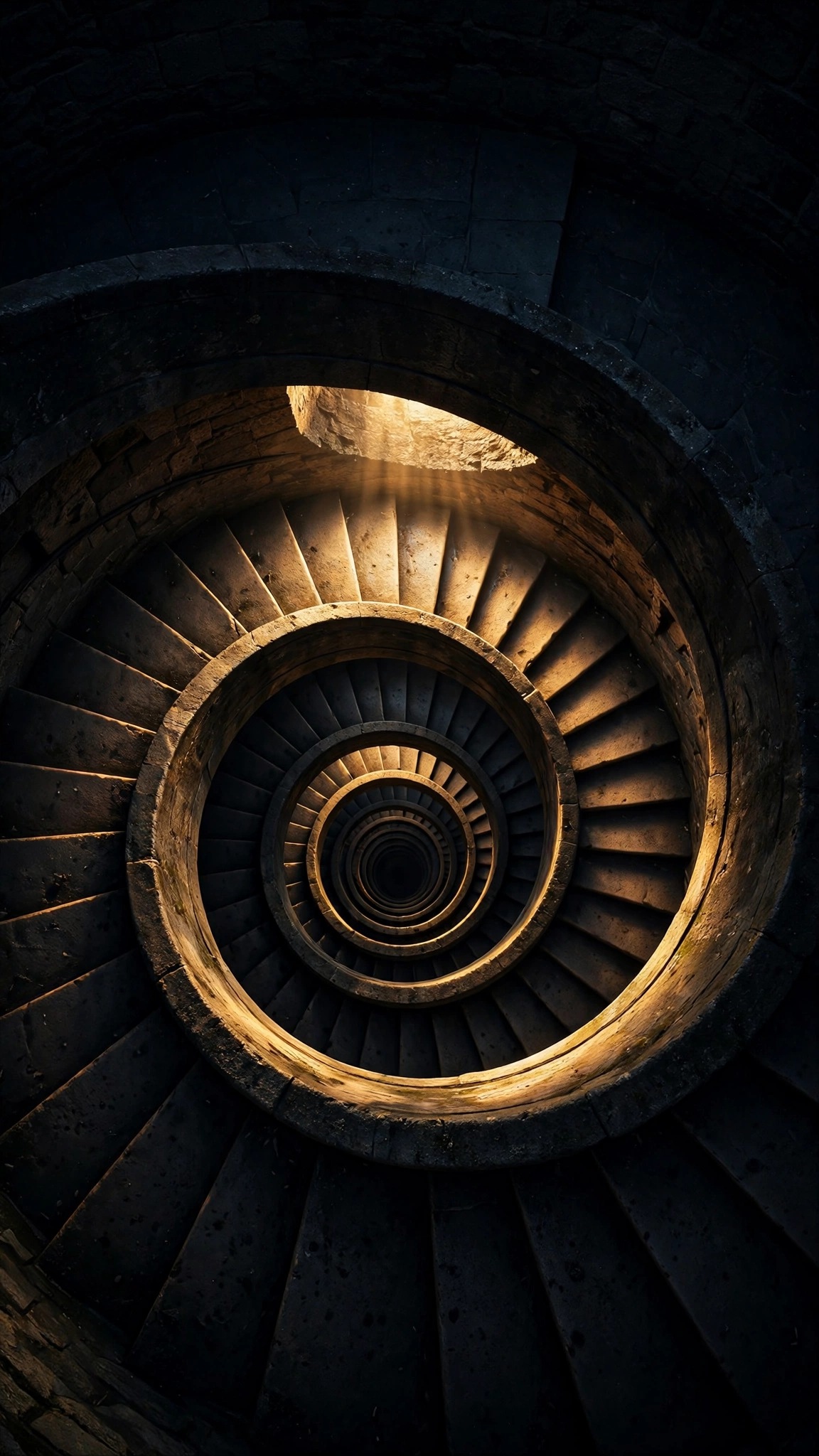 Dark spiral stone staircase lit by golden light from above, vertical minimal wallpaper