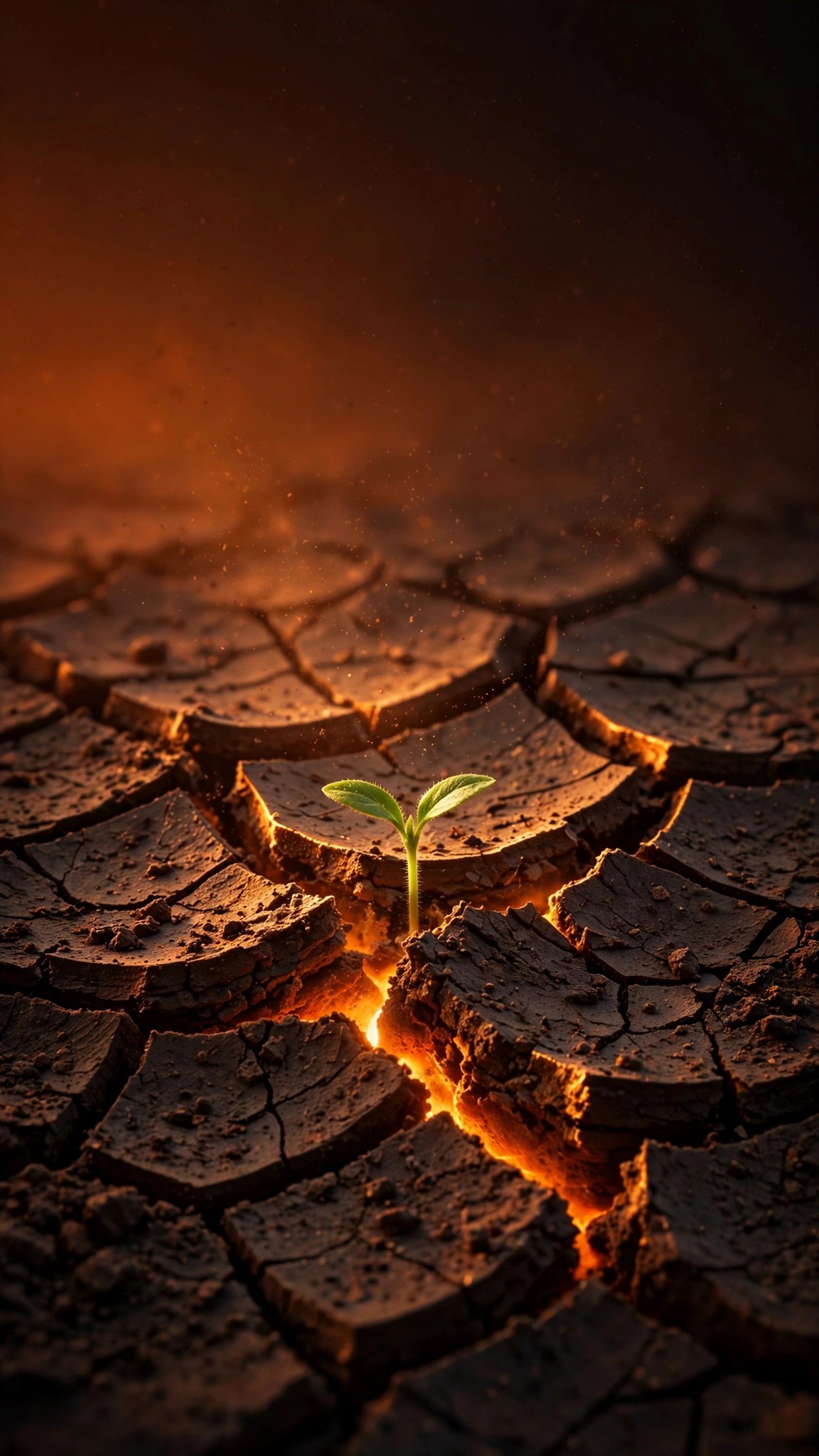 Green seedling sprouting from cracked glowing desert earth, minimal phone wallpaper