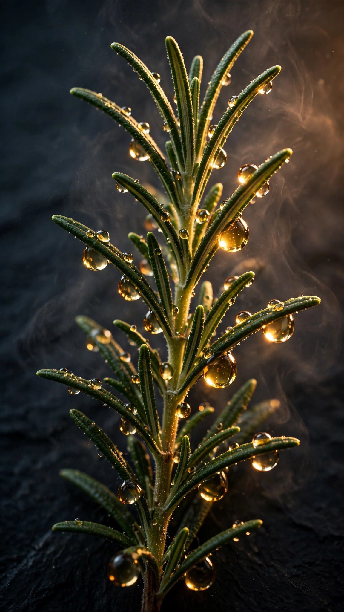 Rosemary sprig with golden oil droplets on dark slate, minimal phone wallpaper