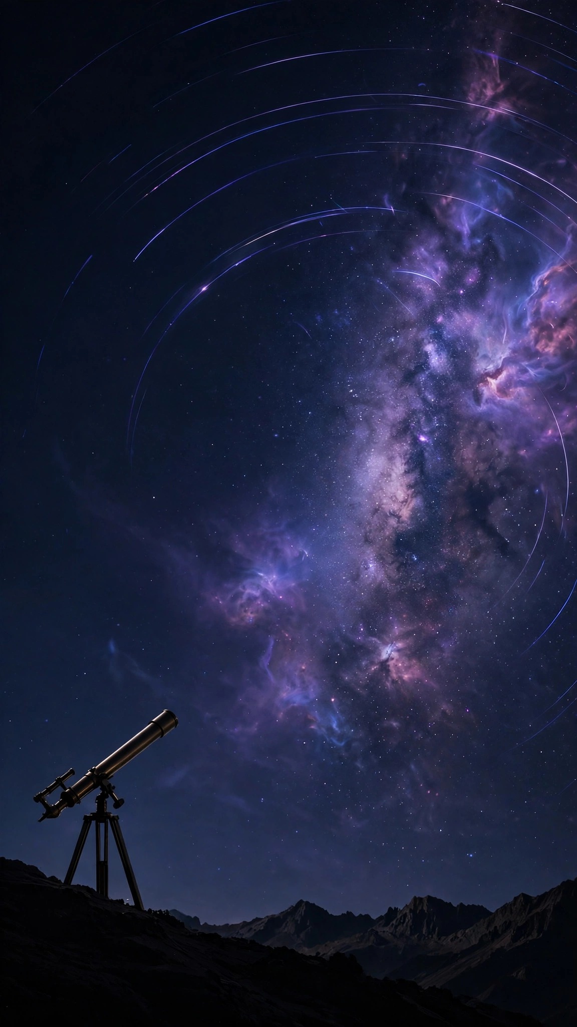 Brass telescope silhouette under milky way and violet nebula, minimal phone wallpaper