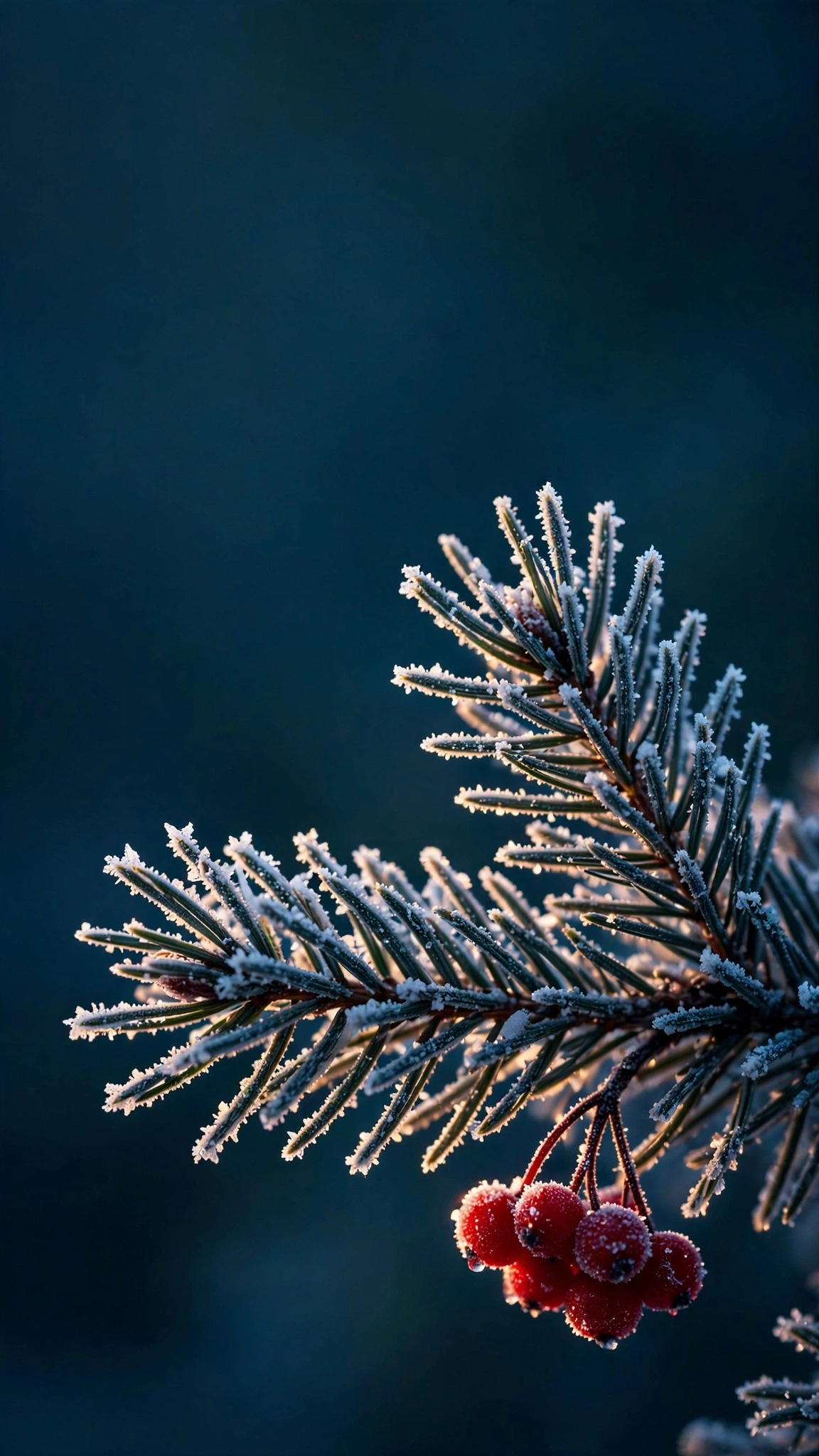 Snow Pine Branch with Red Berries - free minimal wallpaper for phone