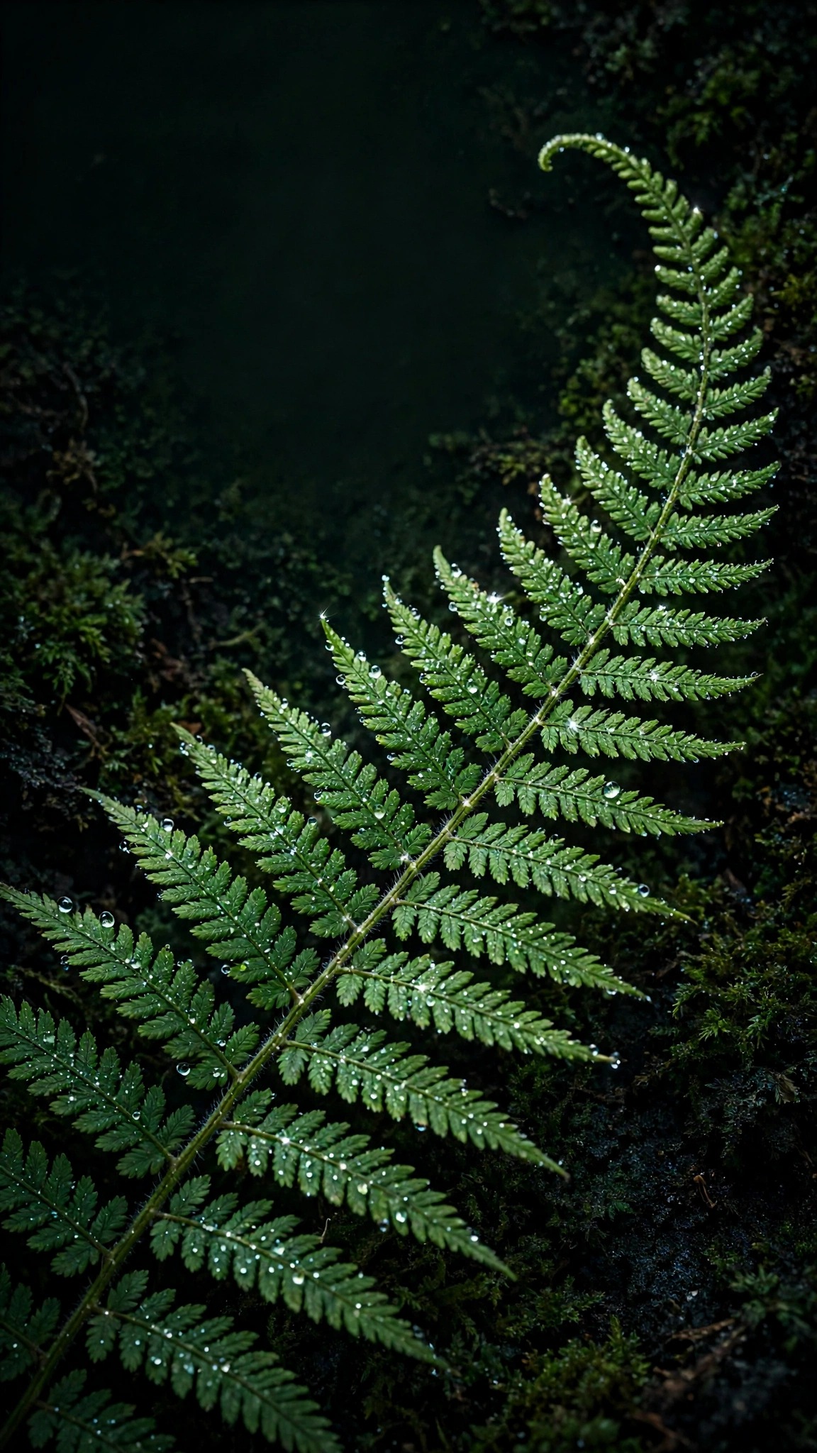 Emerald Fern Frond with Dewdrops minimal phone wallpaper