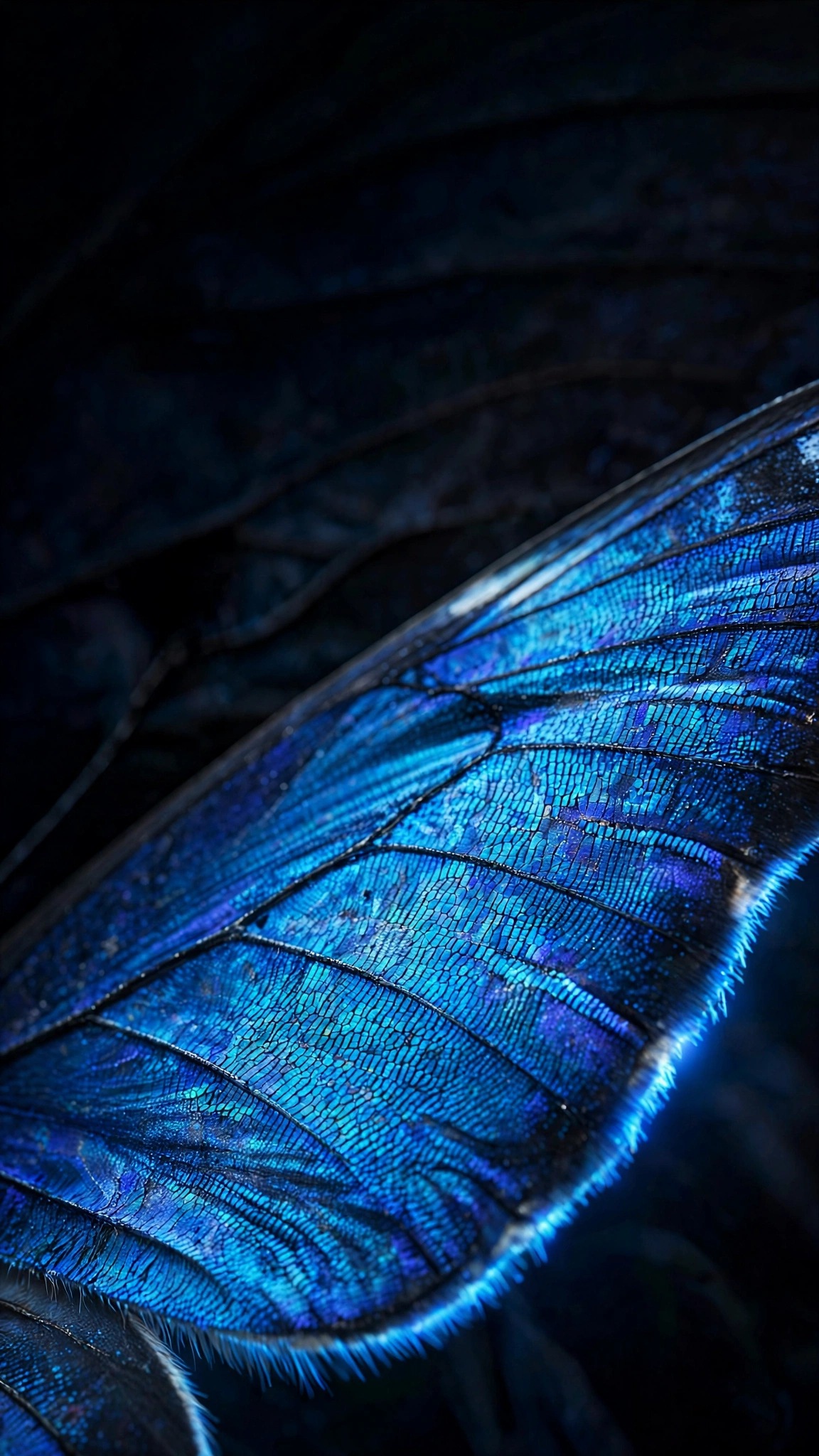 Macro of an iridescent blue butterfly wing against a dark background