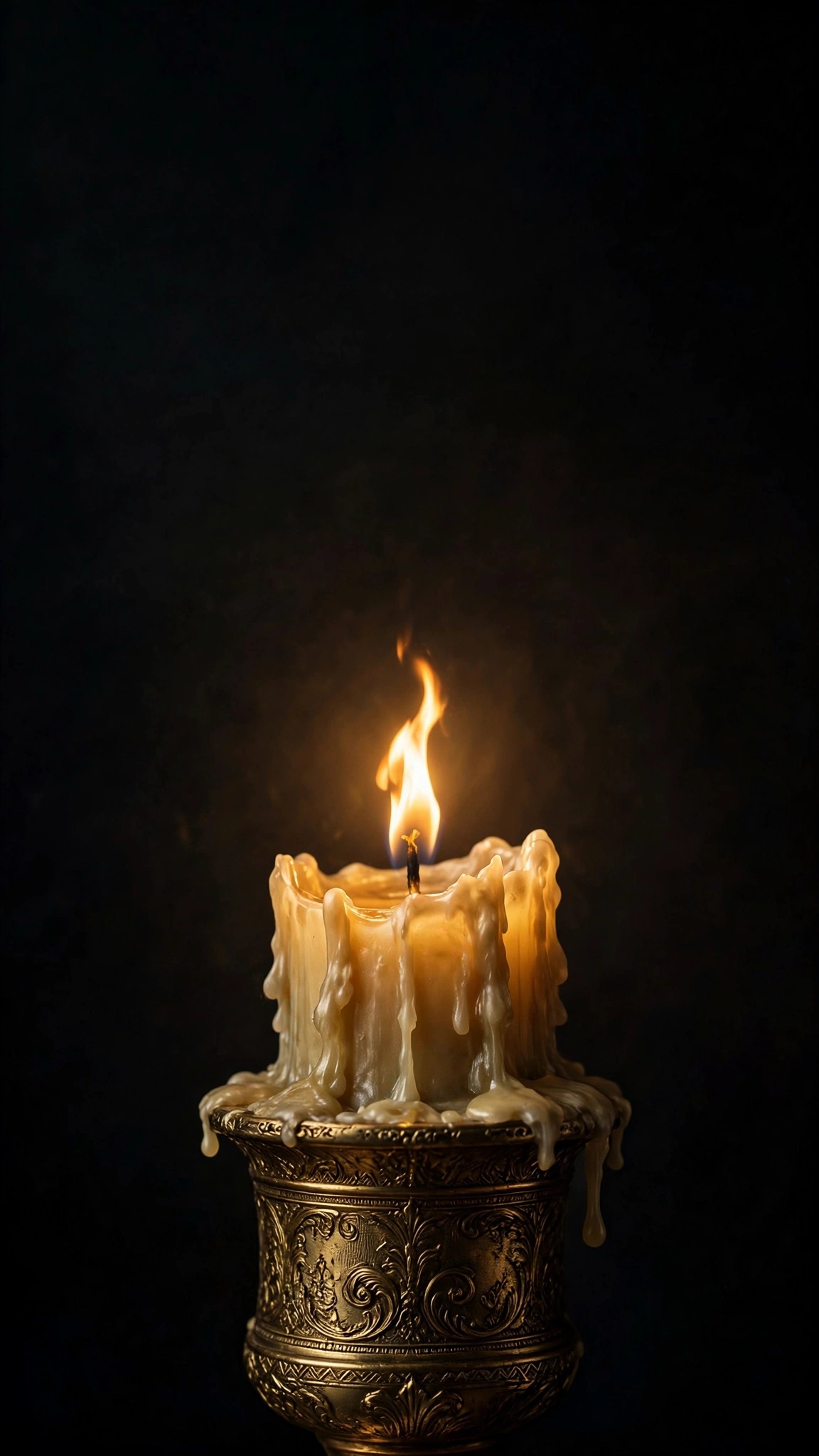 Candle flame in an ornate brass holder glowing in darkness