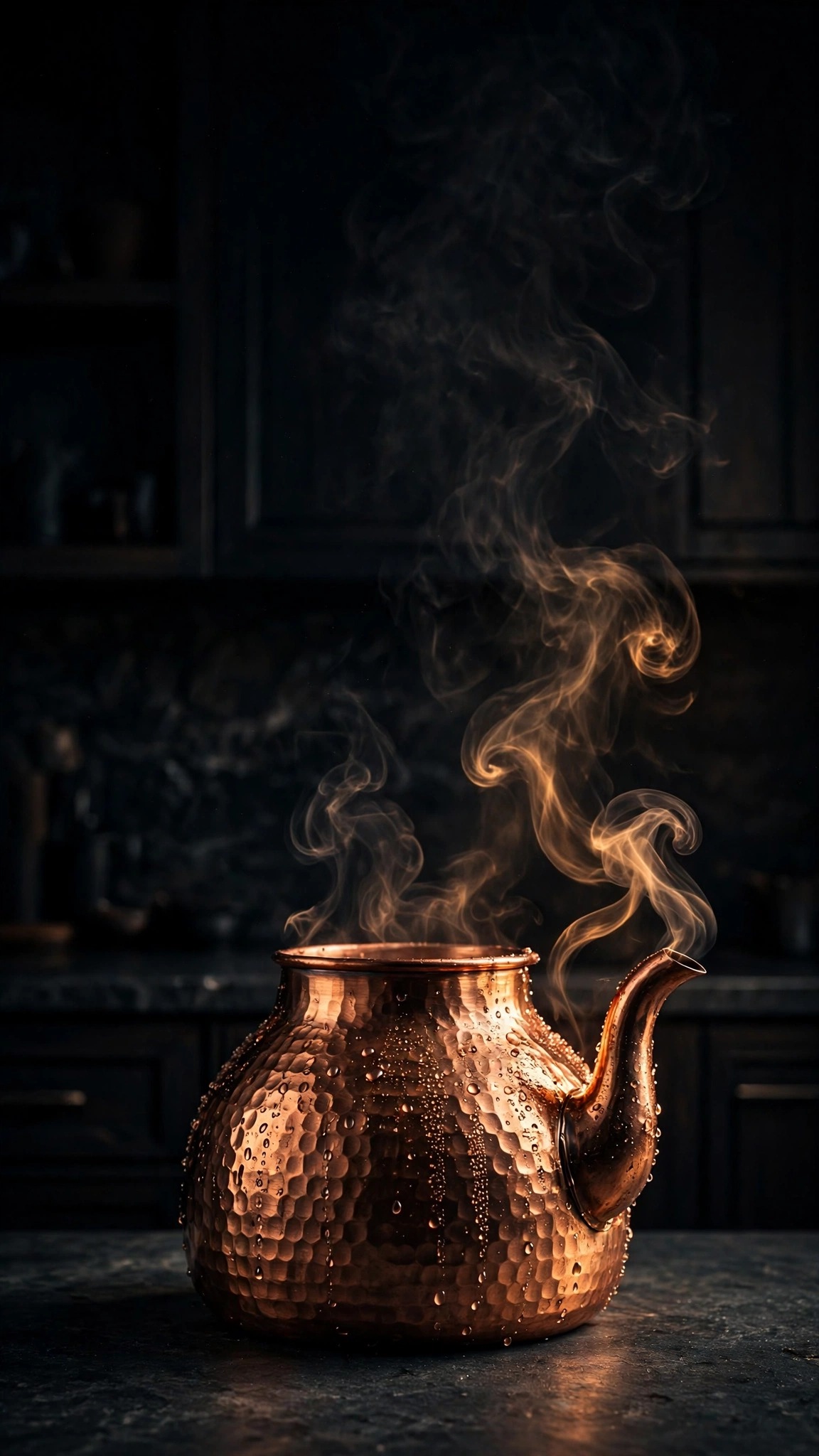 Hammered copper kettle with curling steam glowing in a dark kitchen