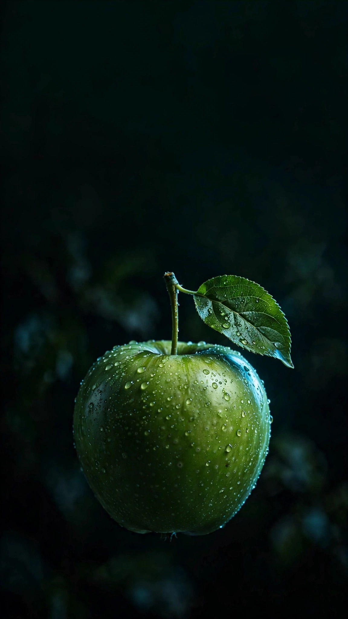 Glossy green apple with water droplets and a leaf on a dark background