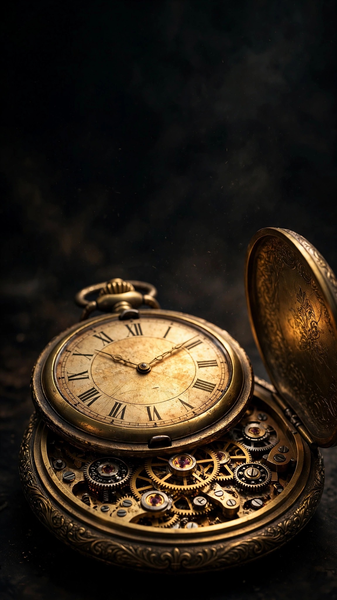 Open antique brass pocket watch with gears glowing in warm light