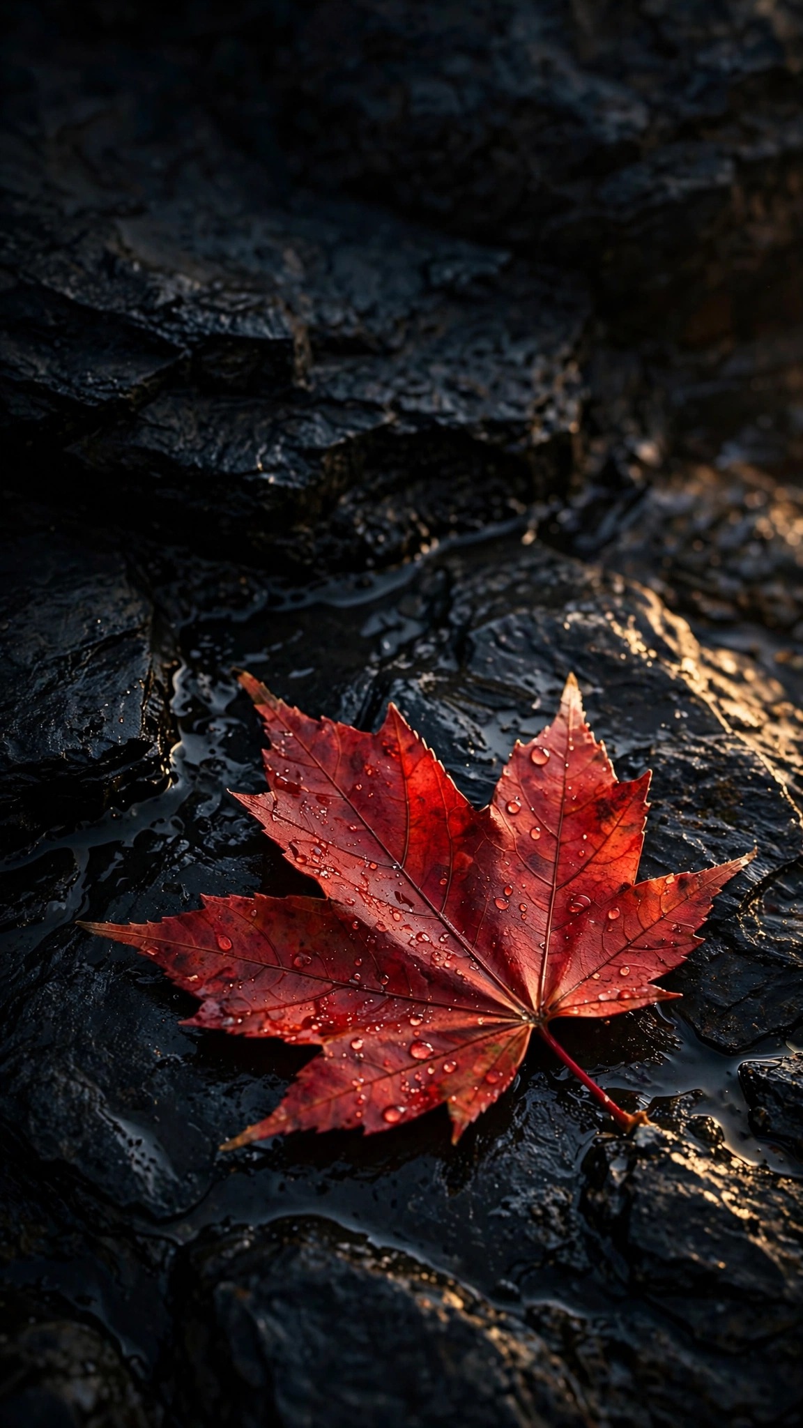 Single red maple leaf with droplets on wet black stone