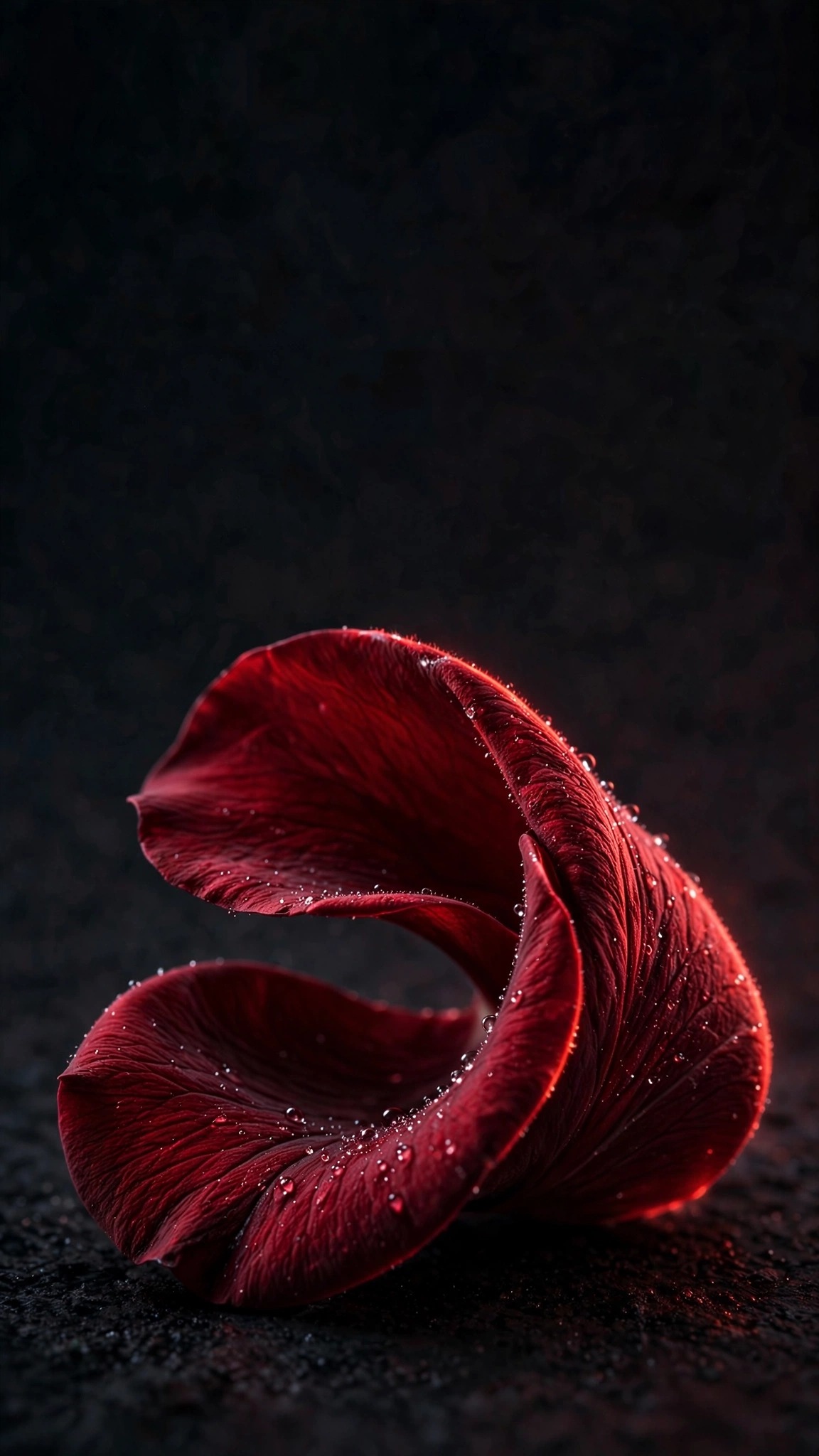 Single deep red rose petal with dew droplets on dark stone