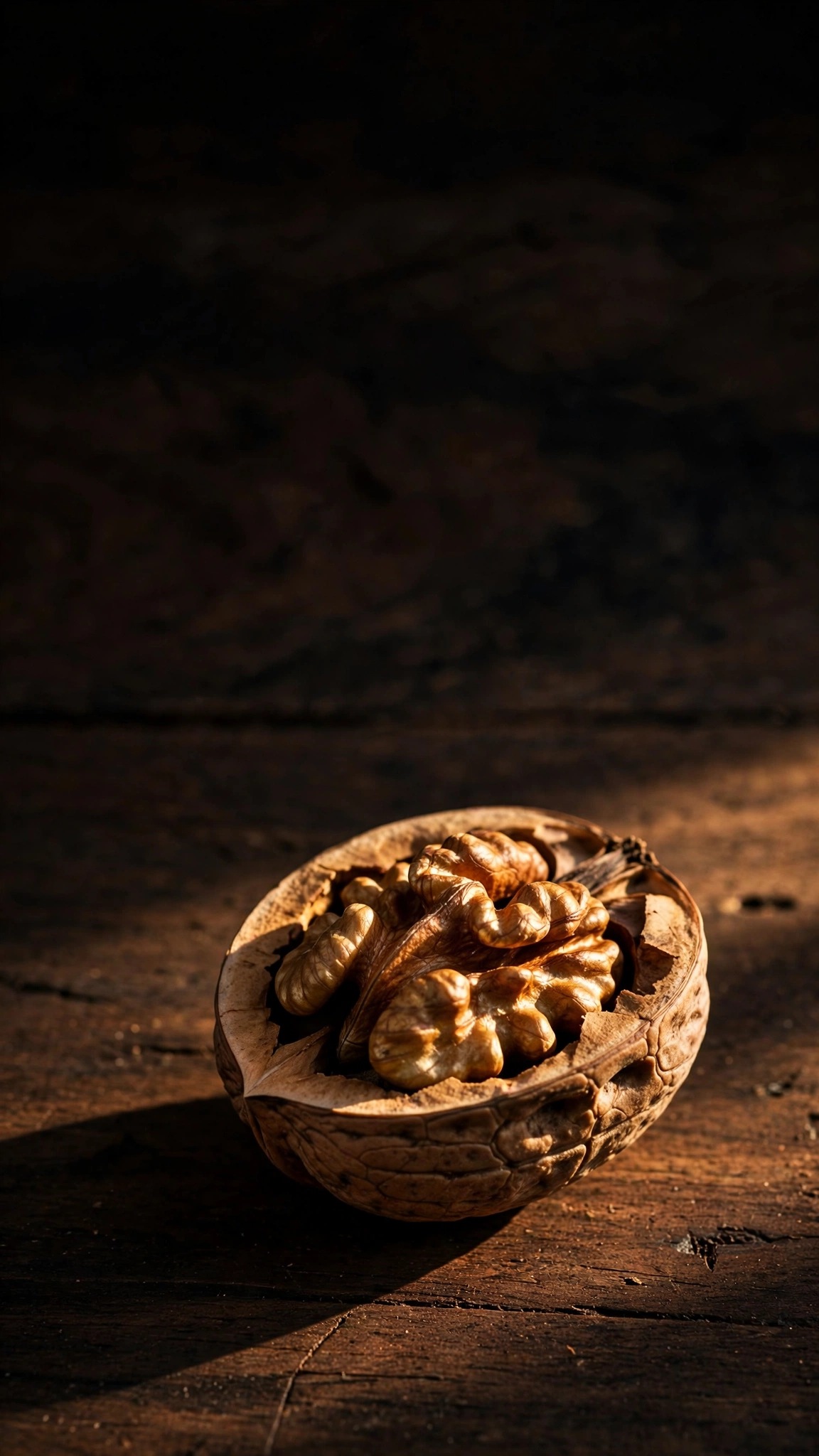Cracked walnut in its shell on dark walnut wood in warm light