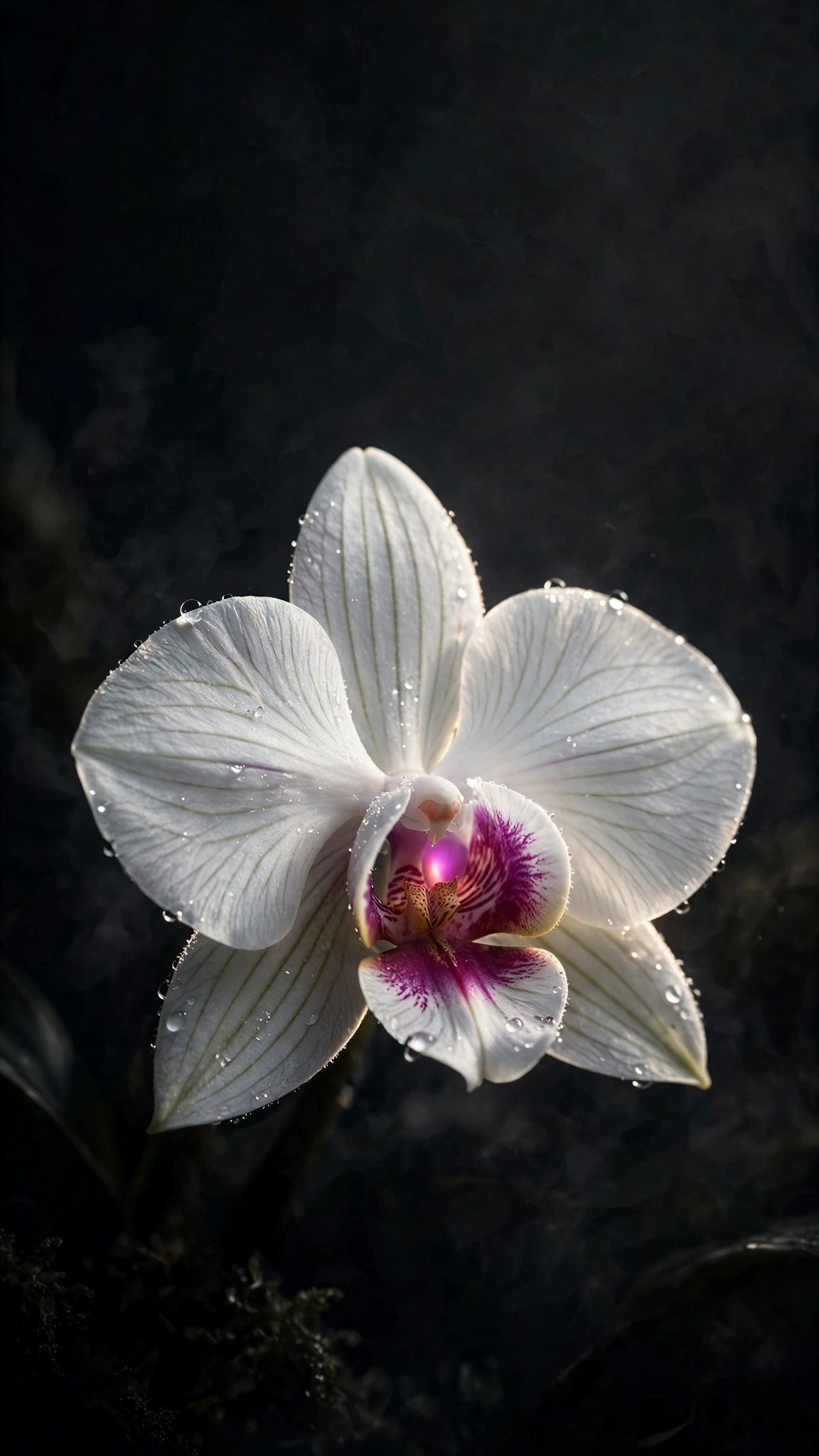Single white orchid with magenta throat on a dark background
