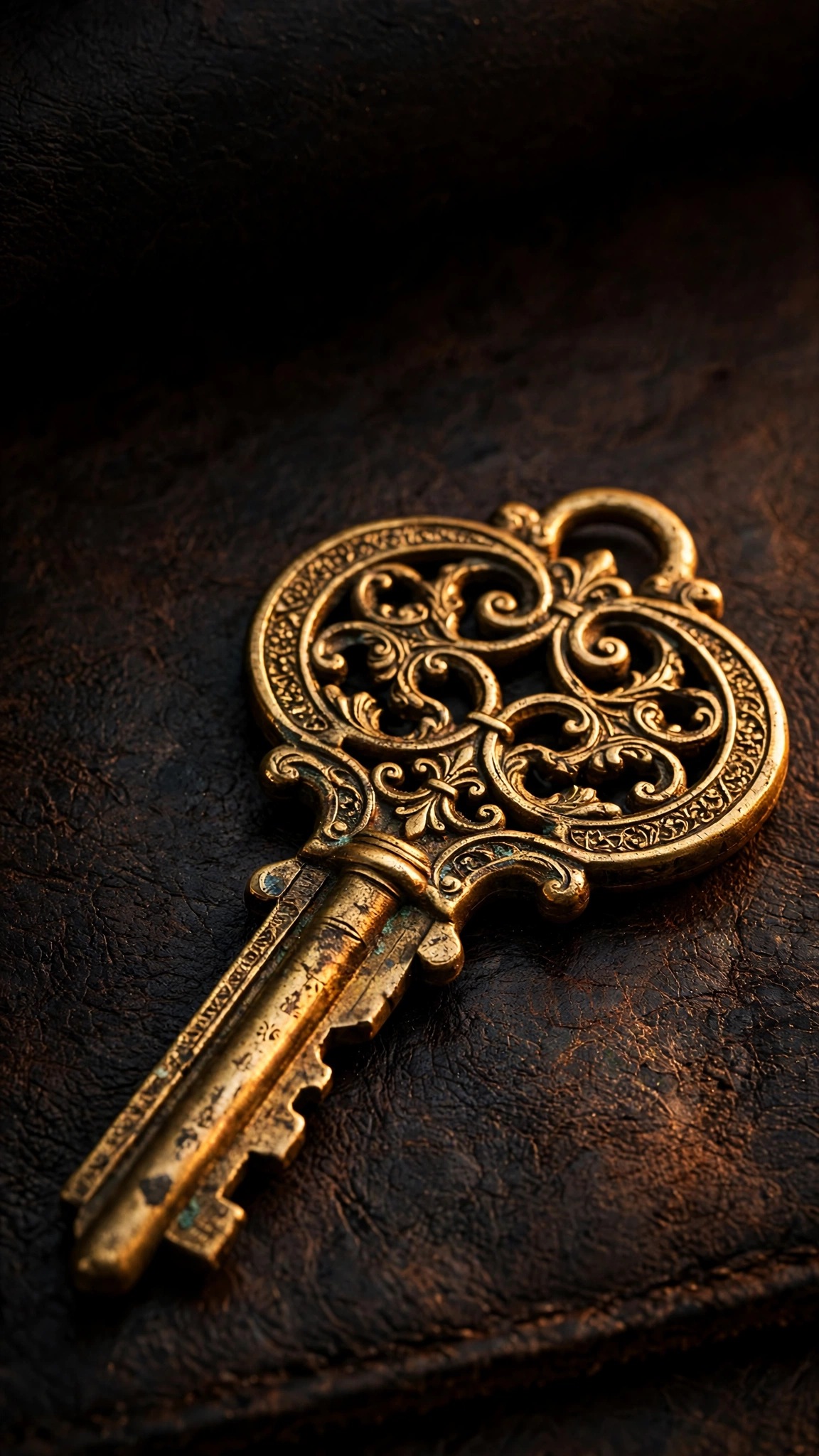 Ornate vintage brass key on dark leather