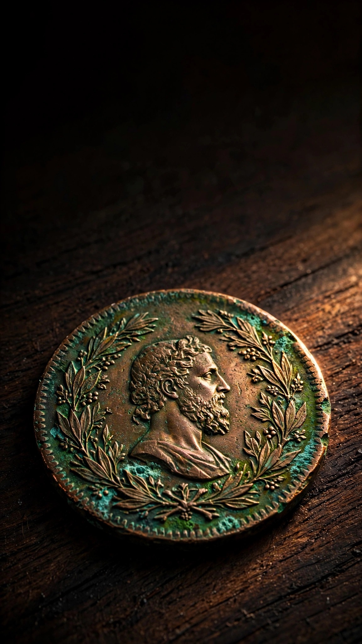 Antique copper coin with green patina on wood