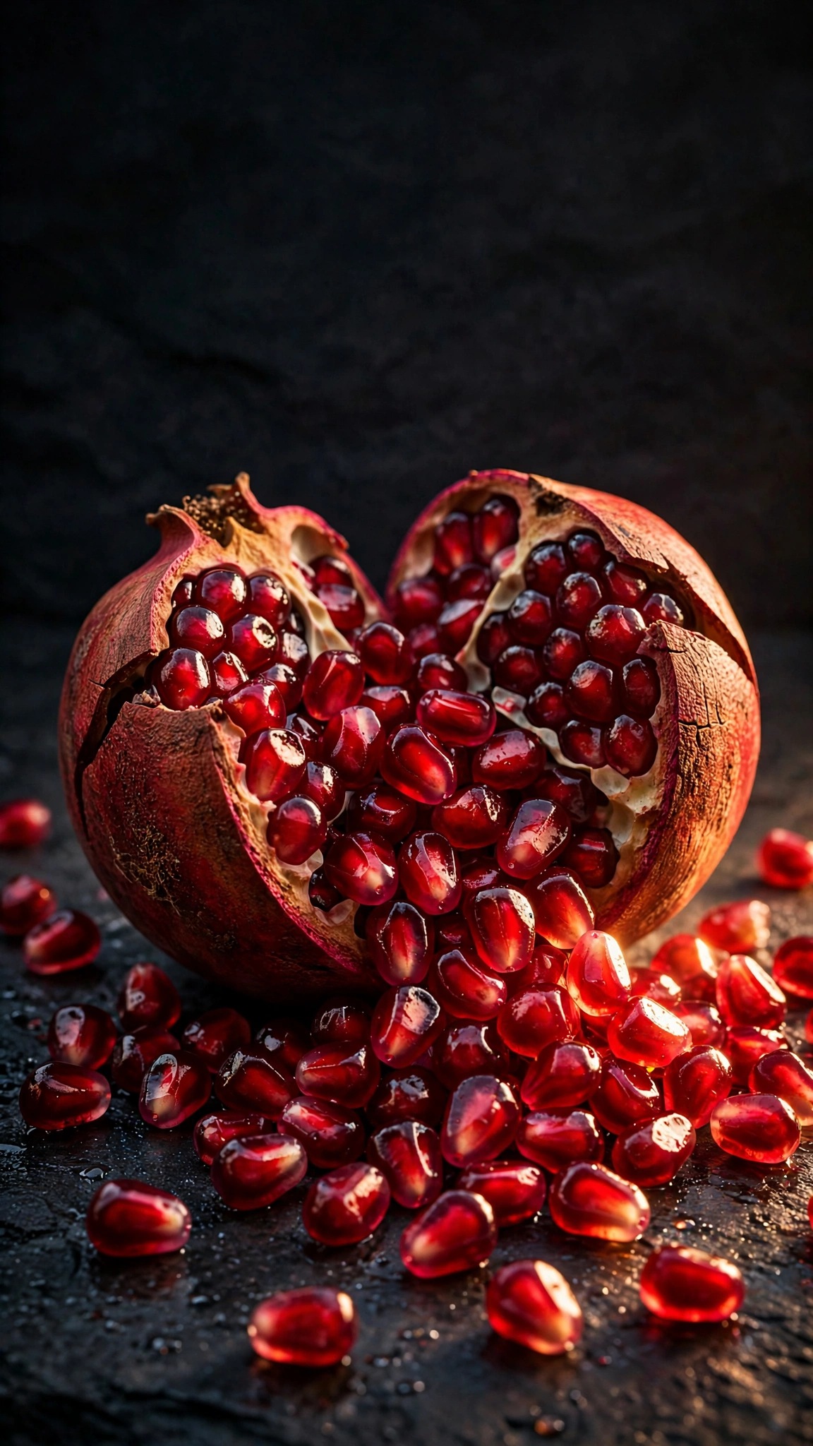 Cracked pomegranate spilling glossy crimson seeds
