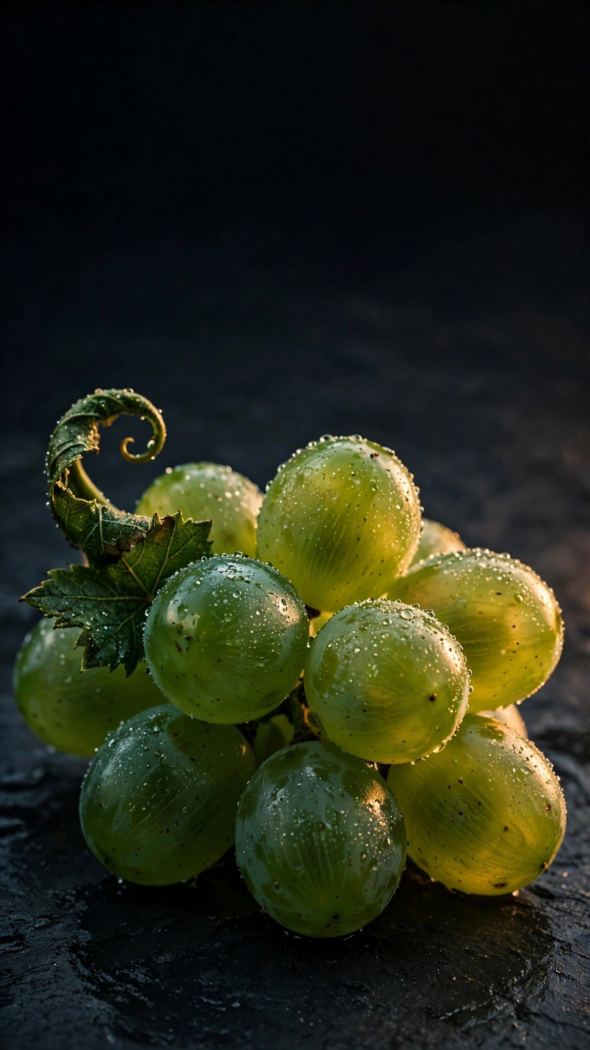 Emerald grape cluster with dew on dark slate
